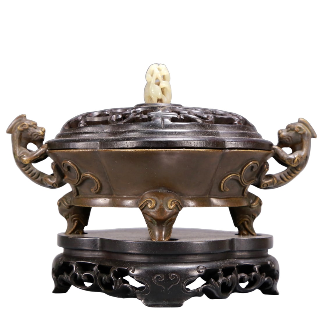 An Archaic Bronze Dragon-Ears and Elephant-legs Censer,with Zitanwood Cover: An Archaic Bronze Dragon-Ears and Elephant-legs Censer,with Zitanwood Cover,Qing Dynasty, China,Size:7.9inx5.1inx5.7in,Weight:1500g 铜龙耳象足香炉,配