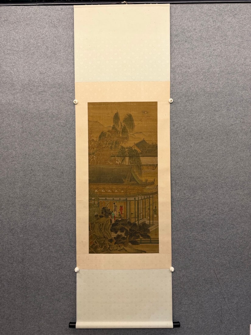 A Chinese Vertical Scroll Ink Painting of Landscape and Figure on Silk: A Chinese Vertical Scroll Ink Painting of Landscape and Figure on Silk,Chou Ying,Size:42.1inx19.7in 一幅中国水墨绢本山水人物