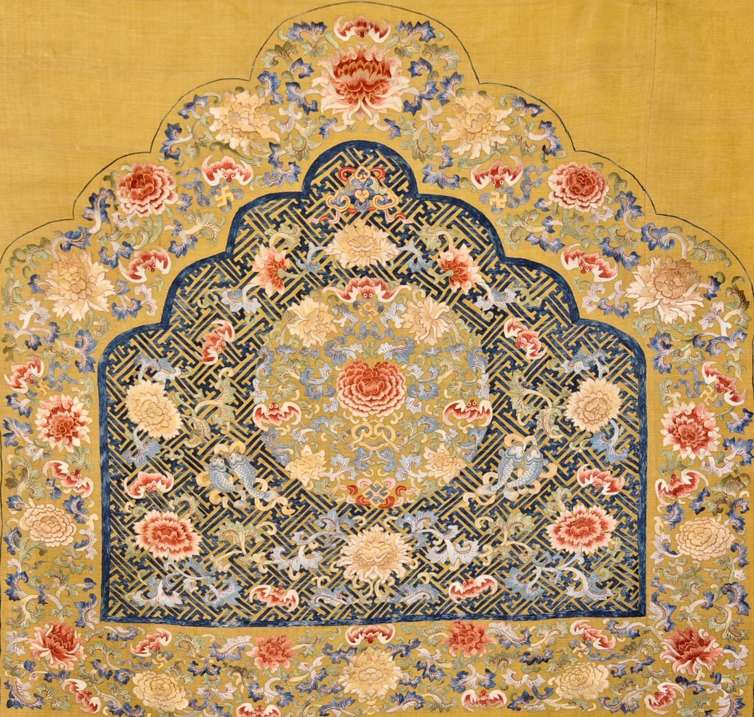 Palace embroidery "?d" pattern wrapped lotus backrest: Qing Dynasty Court Embroidered 'Swastika' Pattern Wrapped Lotus Backrest. This Qing Dynasty Court Embroidered 'Swastika' Pattern Wrapped Lotus Backrest is made by court craftsmen with noble embroidery