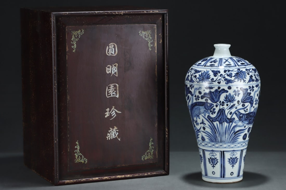A Rare Blue and white meiping decorated with scrolling flowers, fish and lotus: A Rare Blue and white meiping decorated with scrolling flowers, fish and lotus,Yuan Dynasty, China,Size:13.5inx7.3in 缠枝花卉鱼莲纹青花梅