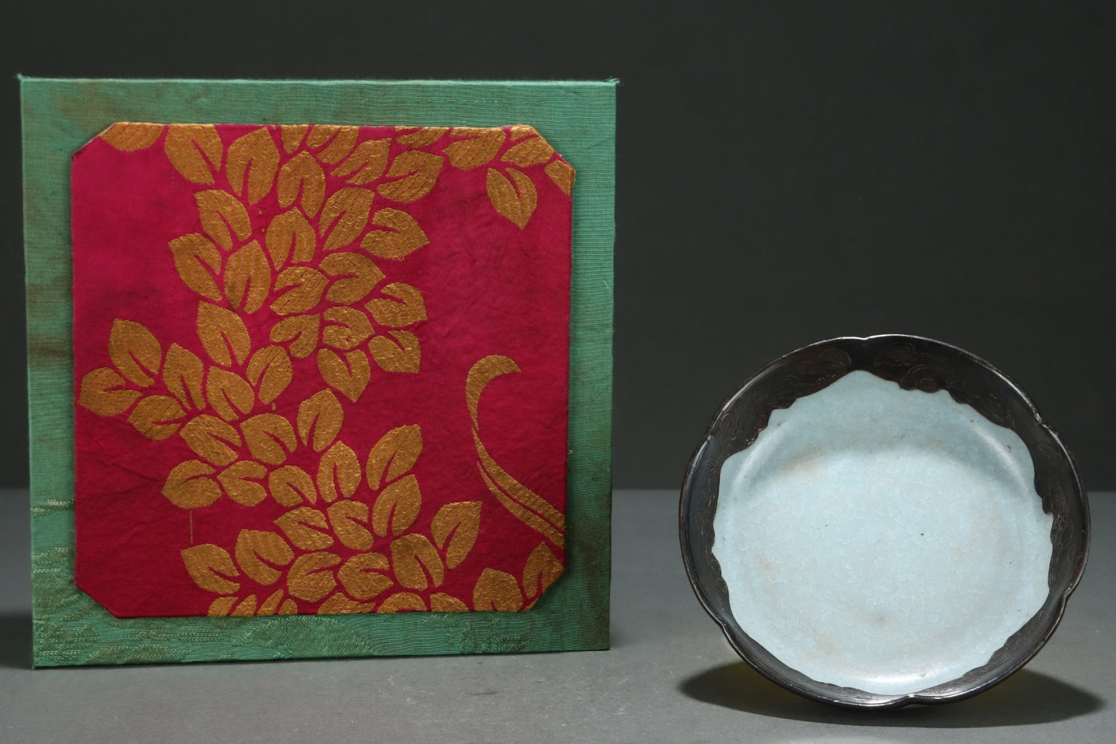 An Exquisite Ru yao Sky Blue Glazed Cover with Silver Brush Washer: An Exquisite Ru yao Sky Blue Glazed Cover with Silver Brush Washer,Song Dynasty,China,Size:1.7inx5.7in 汝窑天青釉包银笔洗,中国宋