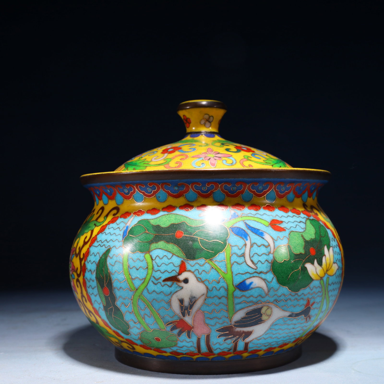An Exquisite Cloisonne Flower and Bird Pattern Jar: An Exquisite Cloisonne Flower and Bird Pattern Jar,Qing Dynasty,China,Qianlong Four-character Mark,Size:7.1inx7.1inx7.1in,Weight:2500g 景泰蓝花鸟纹罐,中