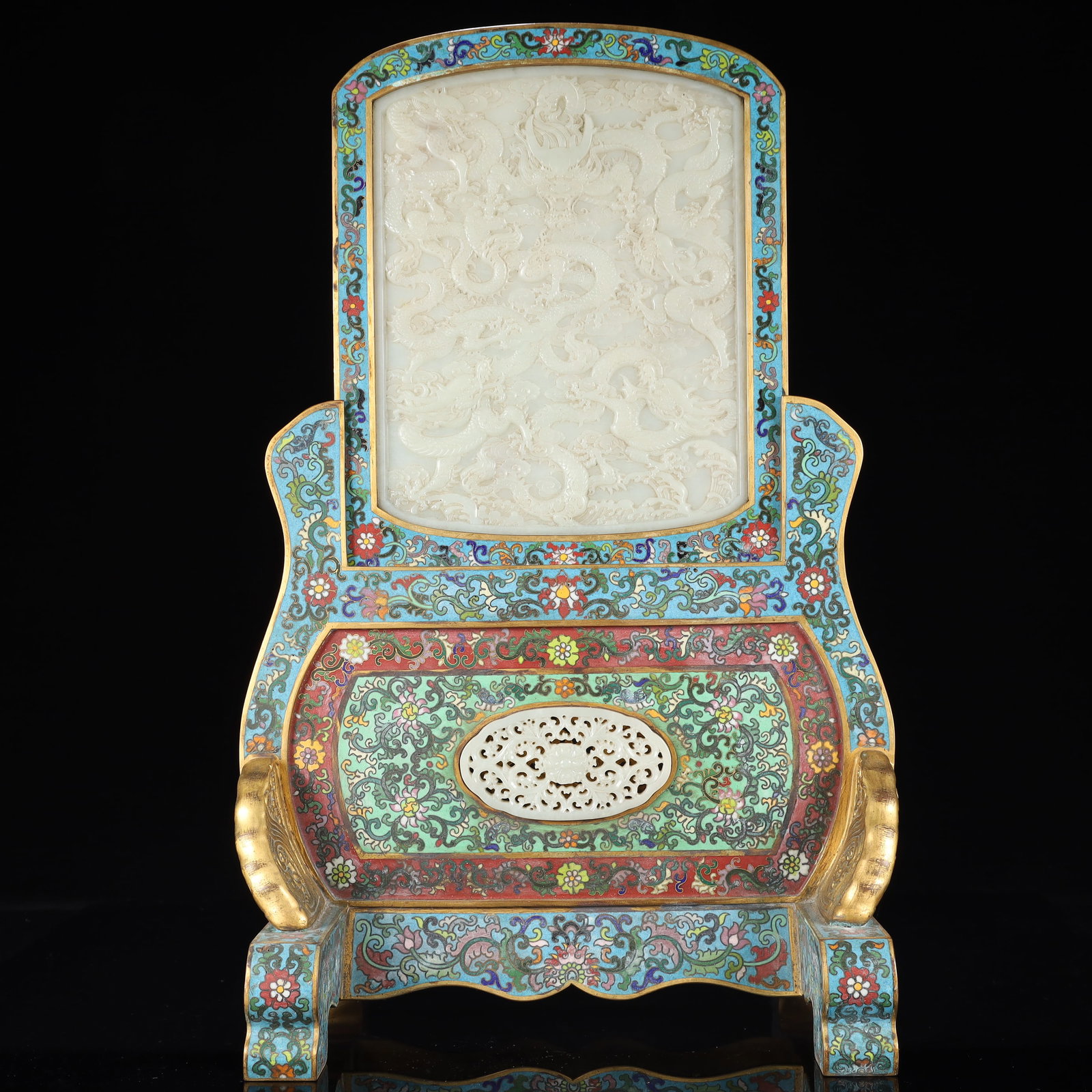 A Huge Cloisonne Inlaid White Jade Auspicious Cloud and Dragon Pattern Table Screen,With an Imperial: A Huge Cloisonne Inlaid White Jade Auspicious Cloud and Dragon Pattern Table Screen,With an Imperial Poem by Emperor Qianlong,Qing Dynasty, China,Qianlong Four-character Mark,Size:10.6inx7.9inx18.5in,