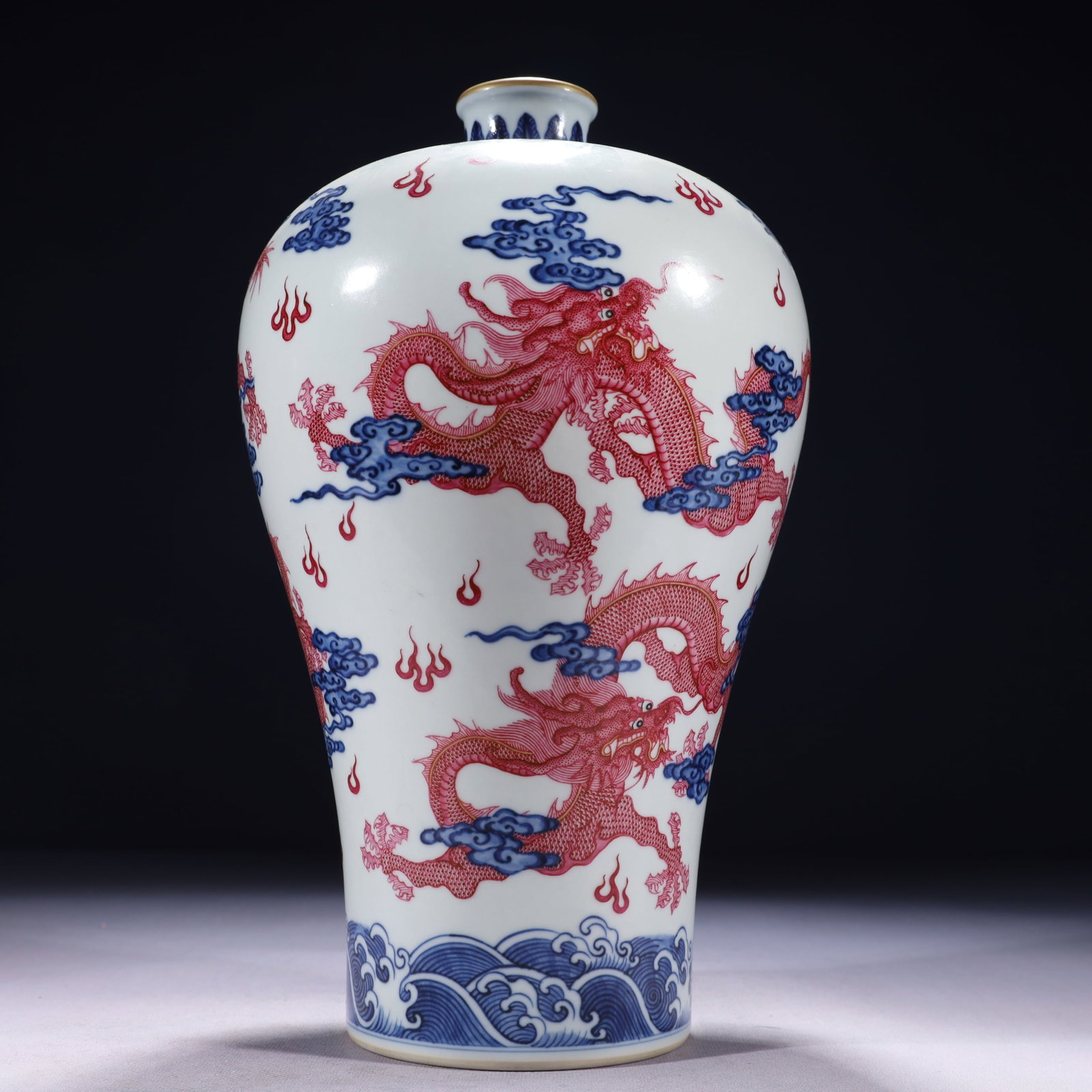 An Exquisite Blue and White Ruby Red-Glazed Painted Gold Auspicious Cloud and Dragon Pattern Vase: An Exquisite Blue and White Ruby Red-Glazed Painted Gold Auspicious Cloud and Dragon Pattern Vase,Qing Dynasty,China,Yongzheng Six-character Mark,Size:7.1inx13in,Weight:2200g 青花胭&