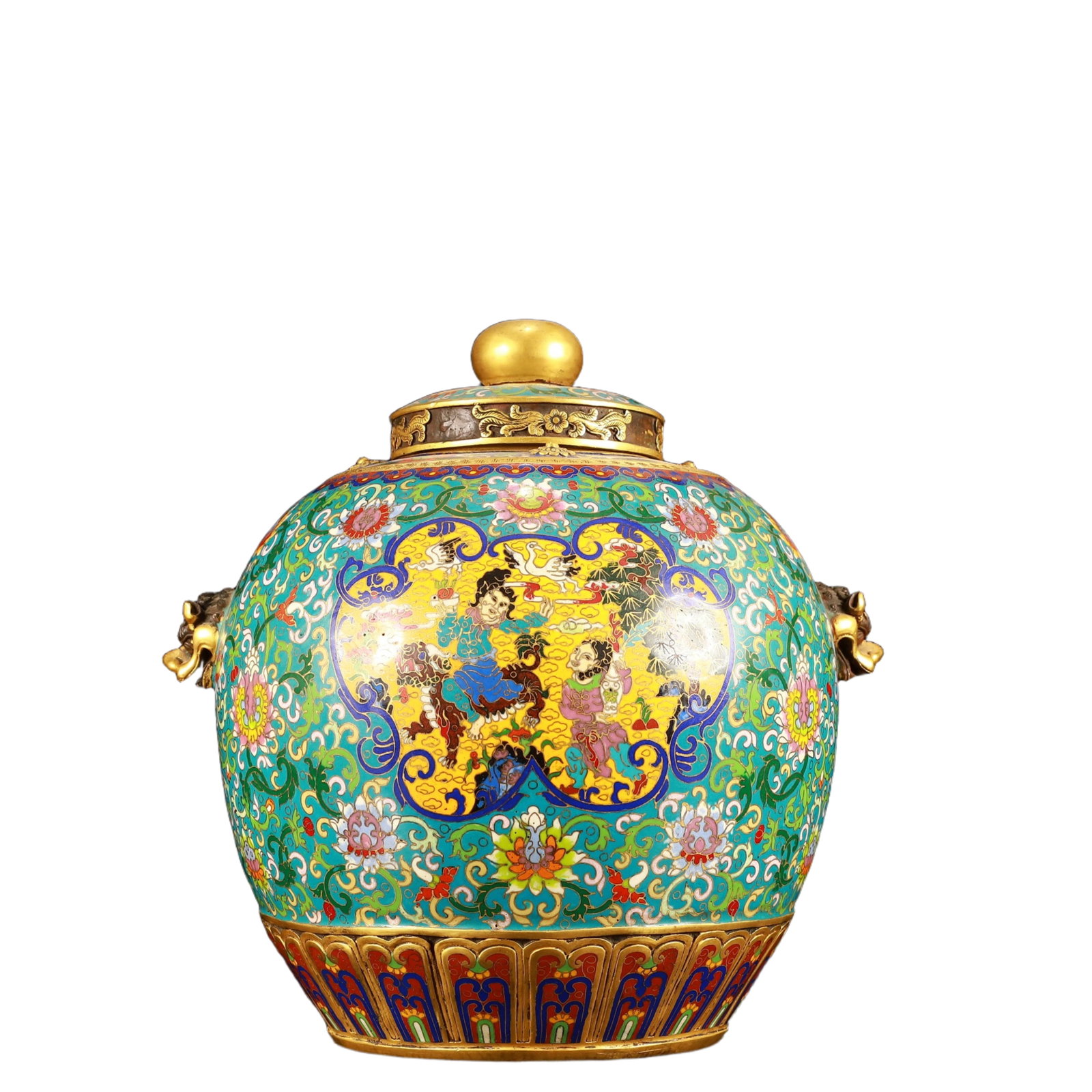 An Exquisite Cloisonne Lotus Figure Pattern Beast-Ears Jar with Cover: An Exquisite Cloisonne Lotus Figure Pattern Beast-Ears Jar with Cover,(A type of enamelware with metal wires separating colored glaze, originating in China),Qing Dynasty,China,Qianlong Six-character M