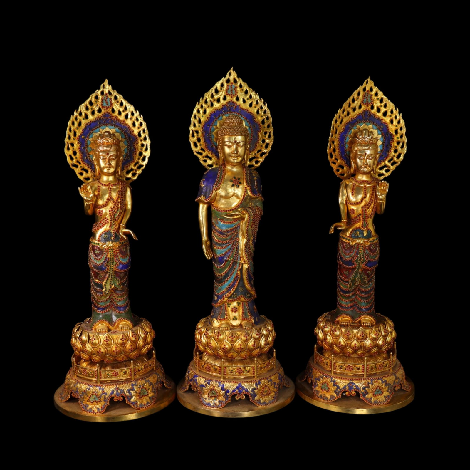 A Set of Fine Gilt Bronze Statue of Sakyamuni,Inlaid Gems: A Set of Fine Gilt Bronze Statue of Sakyamuni,Inlaid Gems,Qing Dynasty,China,Qianlong Four-character Mark,Size:30.3inx11.2in,Weight:17840g