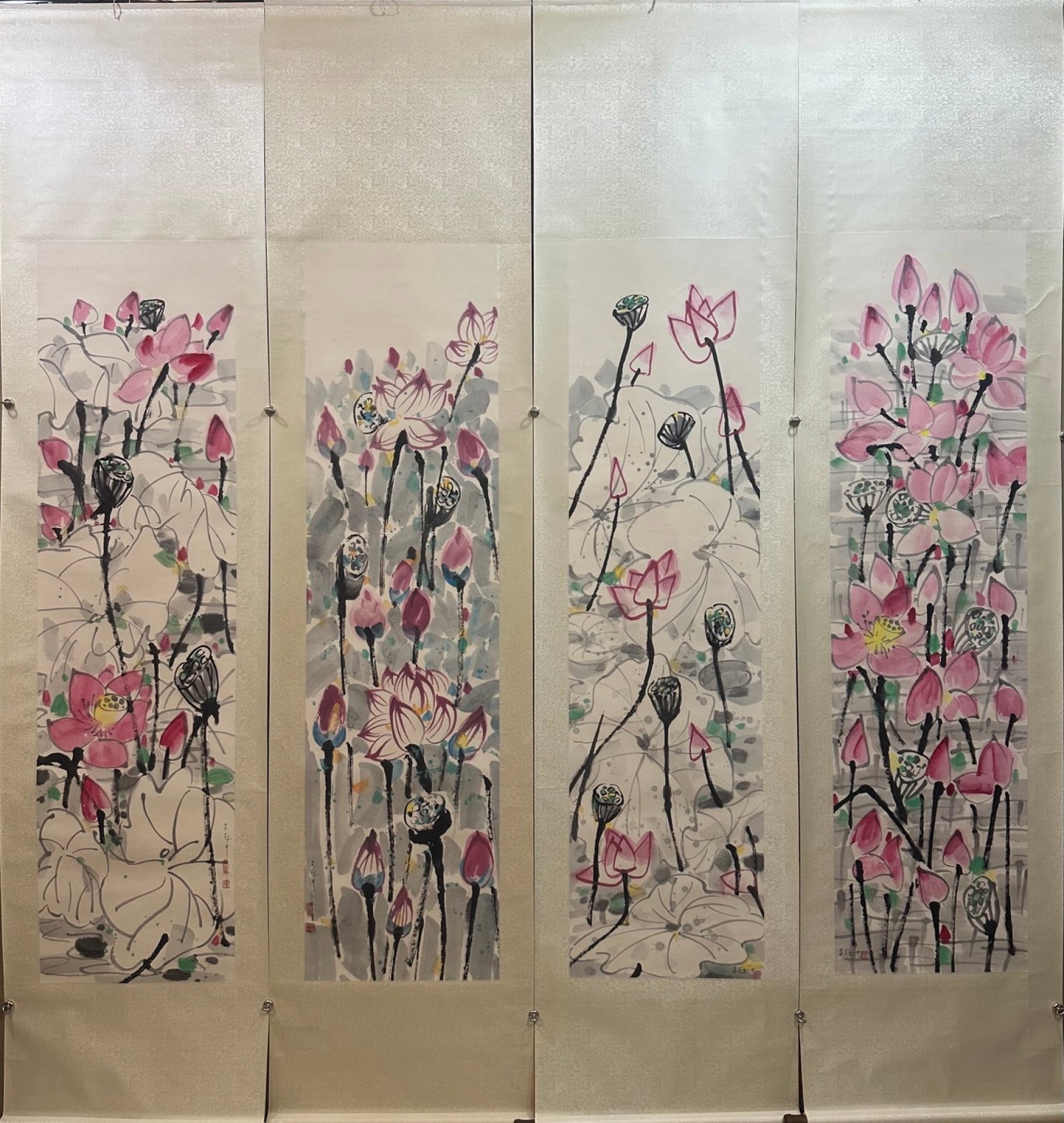 A Set of Chinese Vertical Scroll Ink Painting of Flower on Paper: A Set of Chinese Vertical Scroll Ink Painting of Flower on Paper,Wu Guanzhong,Size:18.5inx70.5in*4 一套中国水墨花卉画立轴,吴