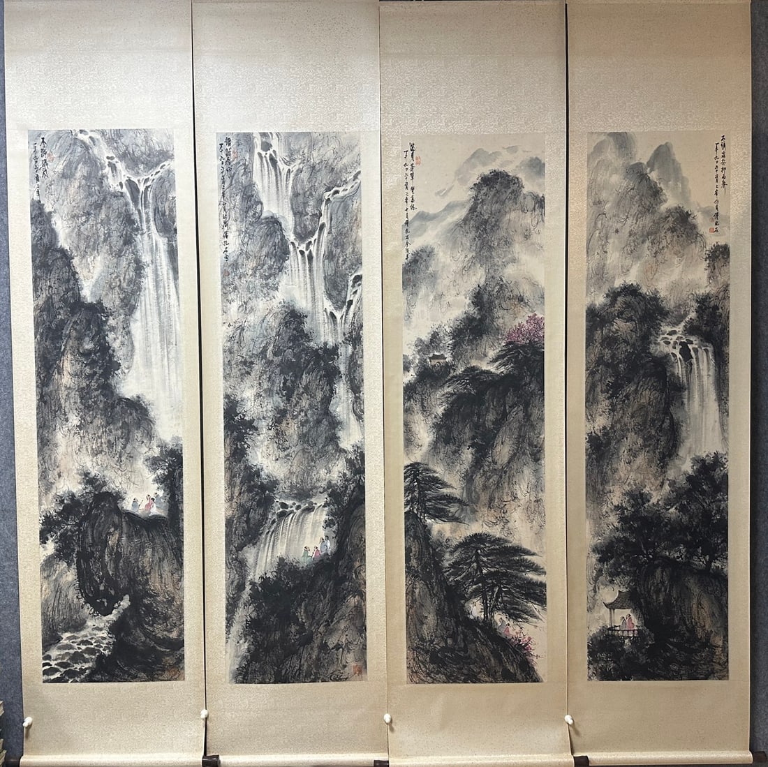 A Set of Exquisite Chinese Vertical Scroll Ink Painting of Landscape and Figure on Paper: A Set of Exquisite Chinese Vertical Scroll Ink Painting of Landscape and Figure on Paper,Fu Baoshi,Size:70.5inx18.1in*4