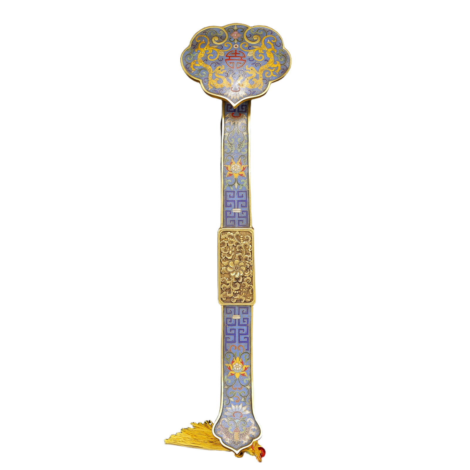 A Huge Cloisonne Dragon Pattern Ruyi: A Huge Cloisonne Dragon Pattern Ruyi,Qing Dynasty, China,Qianlong Four-character Mark,Size:18.9inx5.1inx2.8in,Weight:1145g 景泰蓝龙纹如意，清É