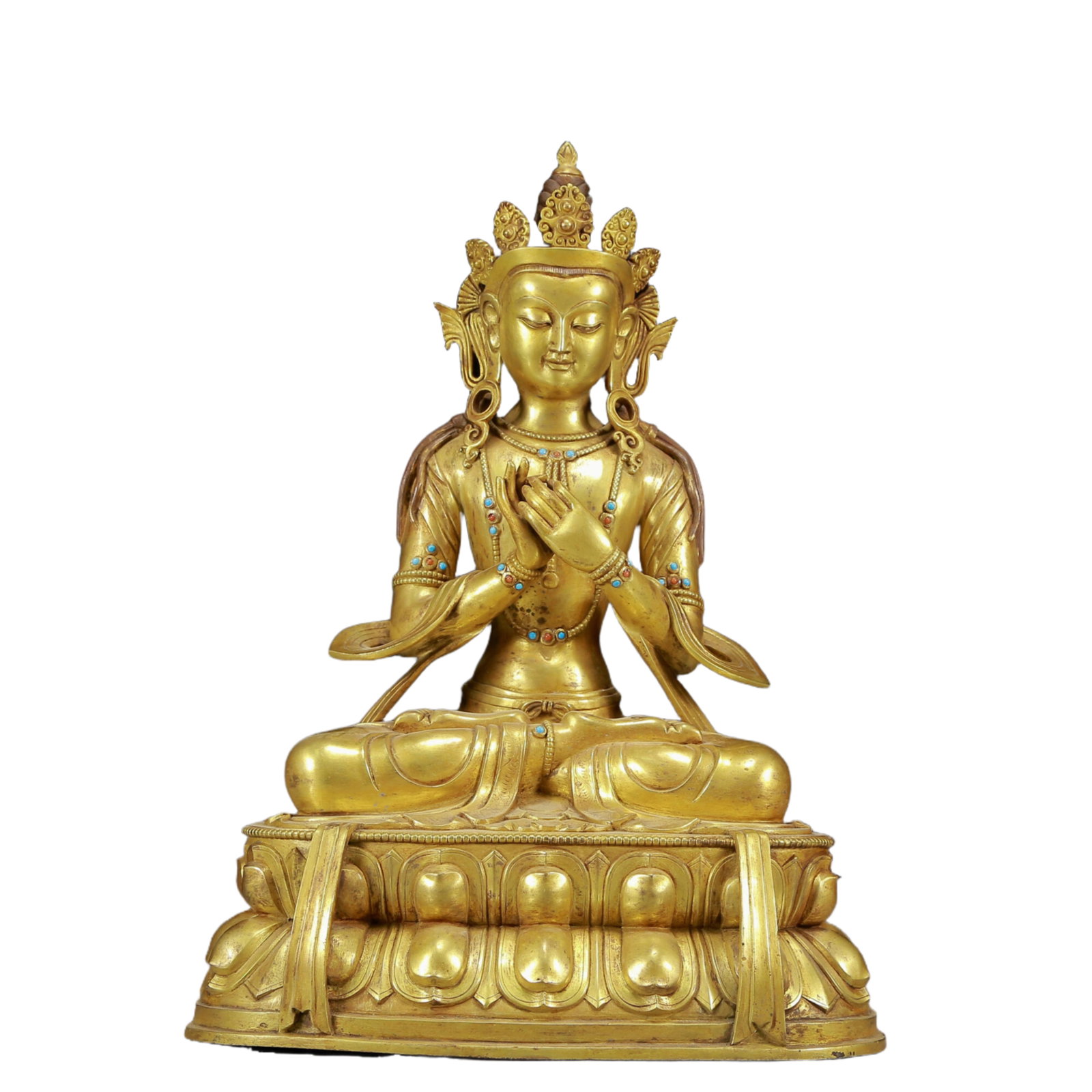 A Solemn Gilt Bronze Inlaid Turquoise Statue of Manjusri: A Solemn Gilt Bronze Inlaid Turquoise Statue of Manjusri,Ming Dynasty, China,Size:13.8inx9.8inx19.3in,Weight:17430g