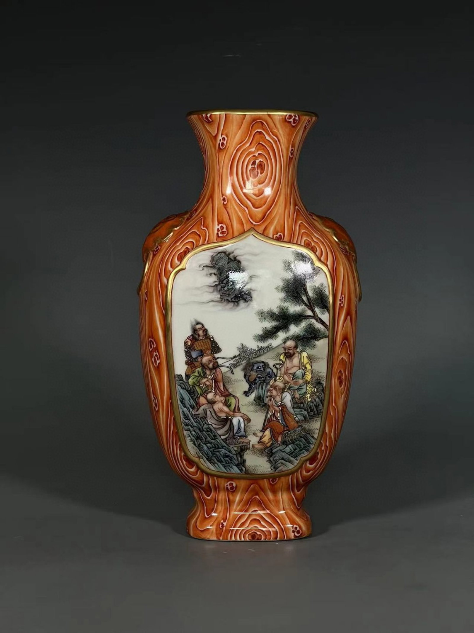 An Exquisite Imitation Wood Grain Glazed Enamel Painted Gold Character and Story Pattern Beast-Ears: An Exquisite Imitation Wood Grain Glazed Enamel Painted Gold Character and Story Pattern Beast-Ears Vase,Qing Dynasty,China,Qianlong Six-character Mark,Size:10inx3in 木纹釉珐&#