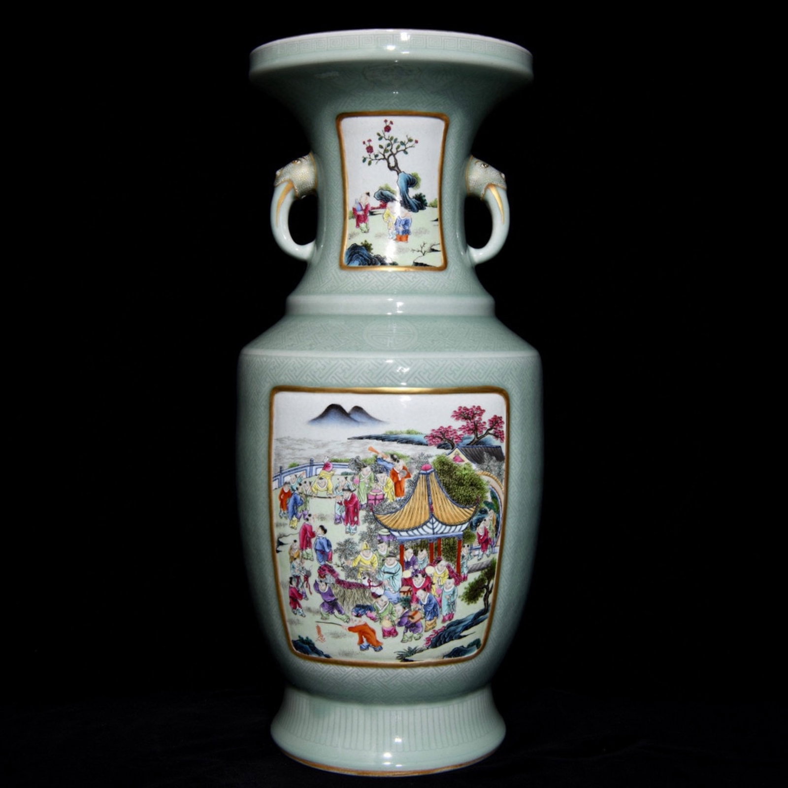 A Huge Celadon Glazed Famille-Rose Character and Story Pattern Double-Ears Vase: A Huge Celadon Glazed Famille-Rose Character and Story Pattern Double-Ears Vase,Qing Dynasty,China,Qianlong Six-character Mark,Size:24.3inx10.2in 青釉粉彩人物ਠ