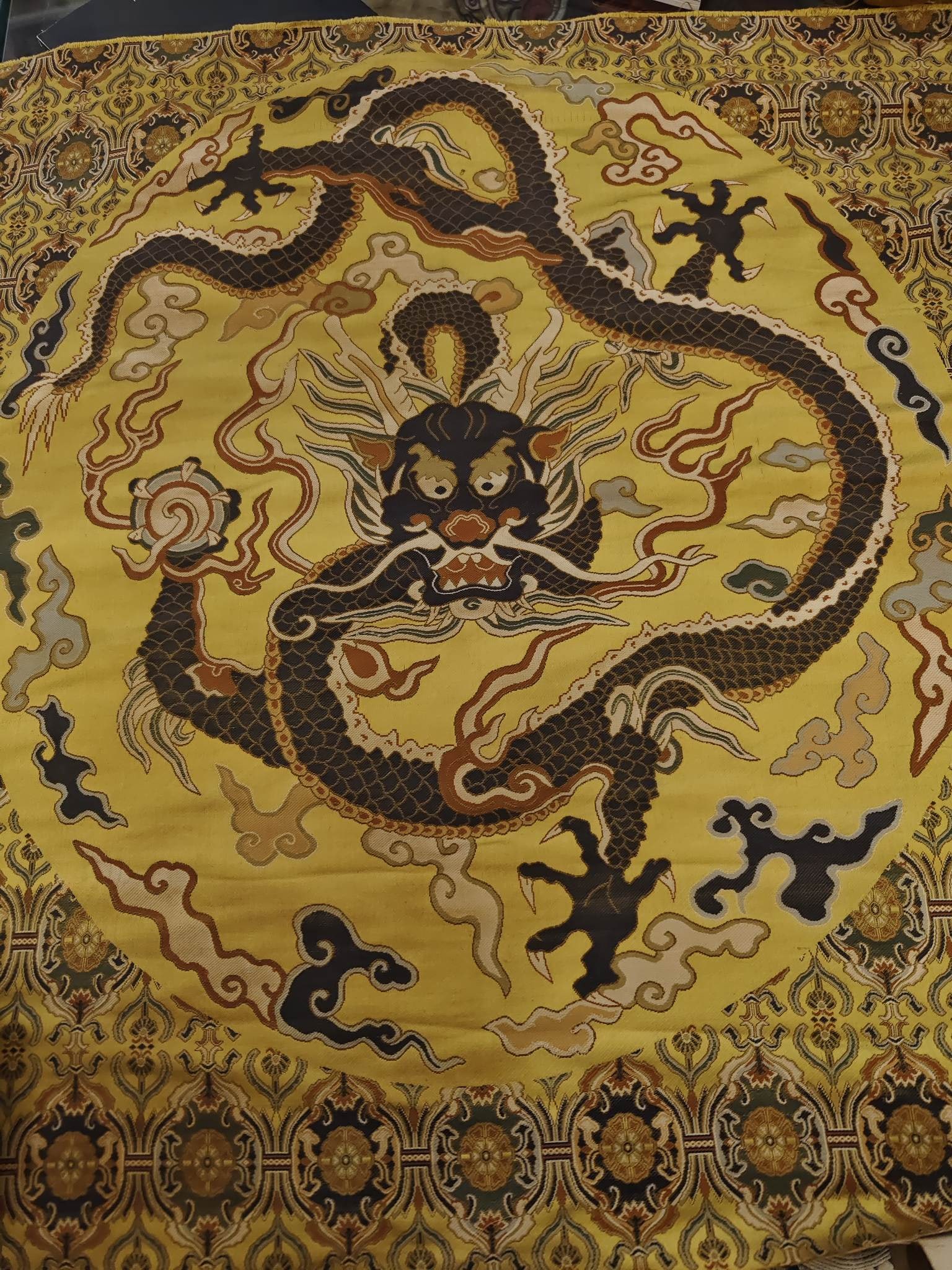 Song Brocade with Dragon Pattern: Song brocade with dragon pattern from Ming Dynasty. Size: 28inx26.4in. Song brocade with dragon pattern is a kind of fabric with strong Chinese culture and historical tradition. This Song brocade show