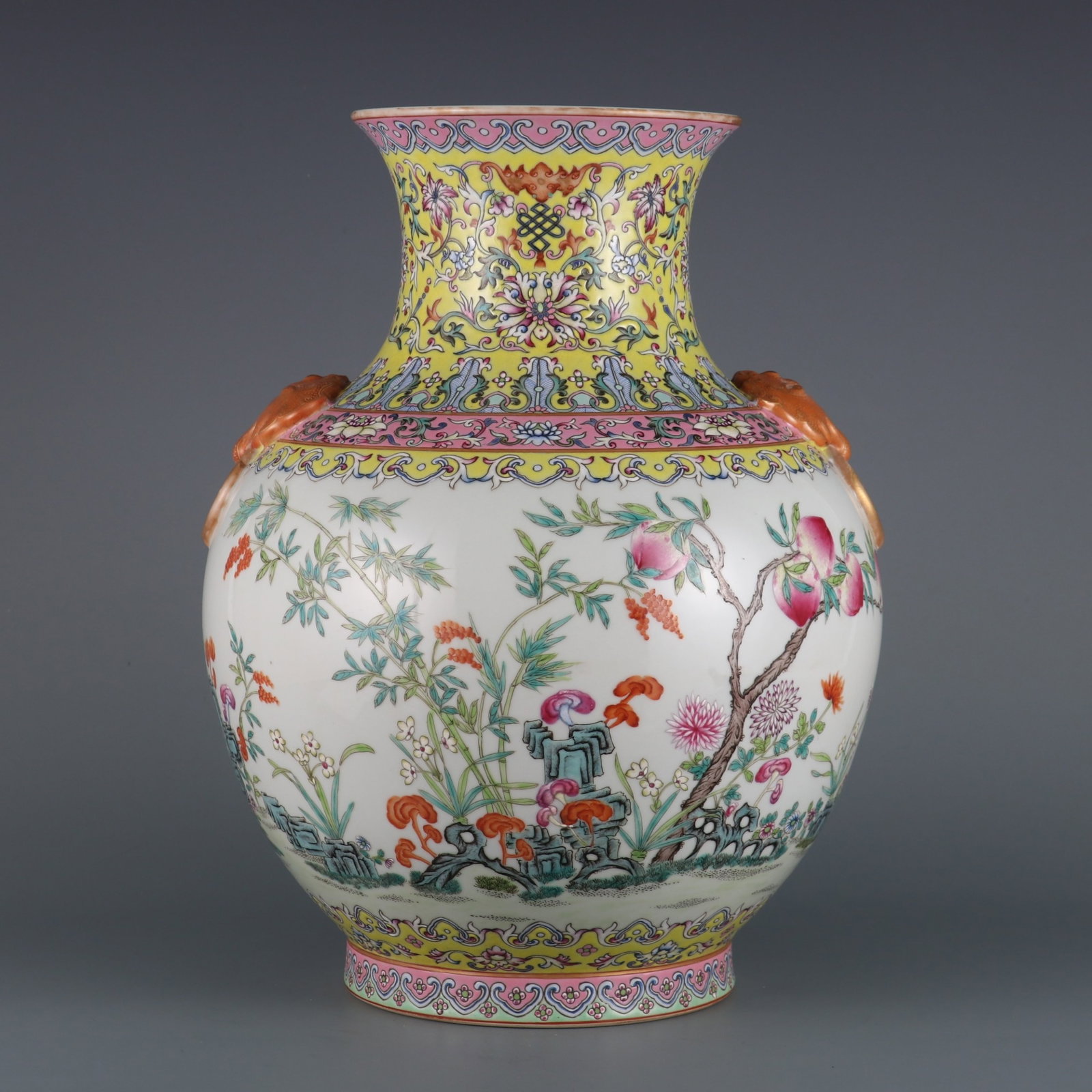 A Rare Famille-Rose Flower Pattern Beast-Ears Vase,with poem: A Rare Famille-Rose Flower Pattern Beast-Ears Vase,with poem,Qing Dynasty,China,With Mark,Size:13.2inx5.7in 粉彩花卉纹兽耳瓶,带诗文,&#