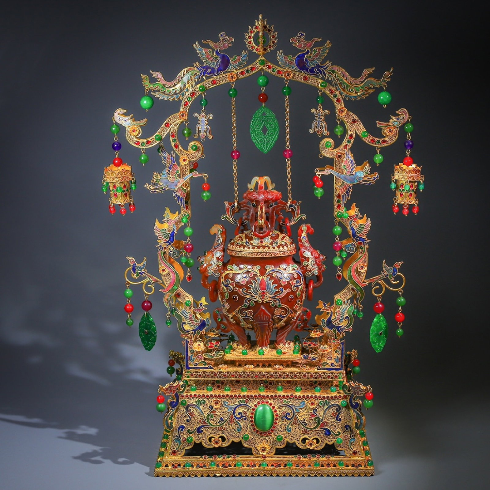 A Huge Filigree and Gilding Inlaid Agate Dragon and Phoenix Pattern Double-Ears Tripod Censer: A Huge Filigree and Gilding Inlaid Agate Dragon and Phoenix Pattern Double-Ears Tripod Censer Ornament,Qing Dynasty,China,Qianlong Four-character Mark,Size:19.3inx13.4in,Weight:2181g