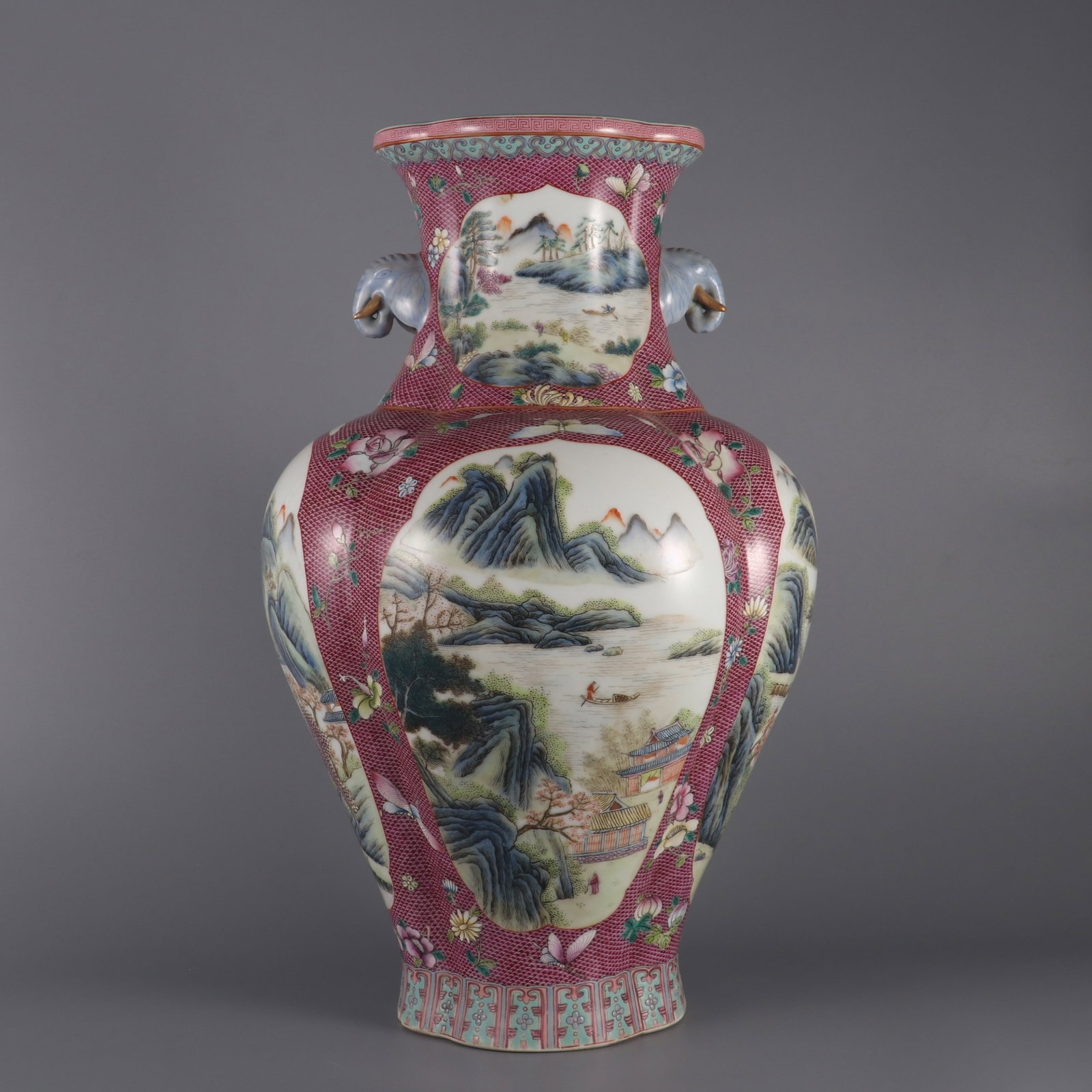 A Huge Famille-Rose Landscape and Figure Pattern Elephant-Ears Vase: A Huge Famille-Rose Landscape and Figure Pattern Elephant-Ears Vase,Qing Dynasty,China,Qianlong Six-character Mark,Size:18.3inx11in 粉彩山水人物纹象 