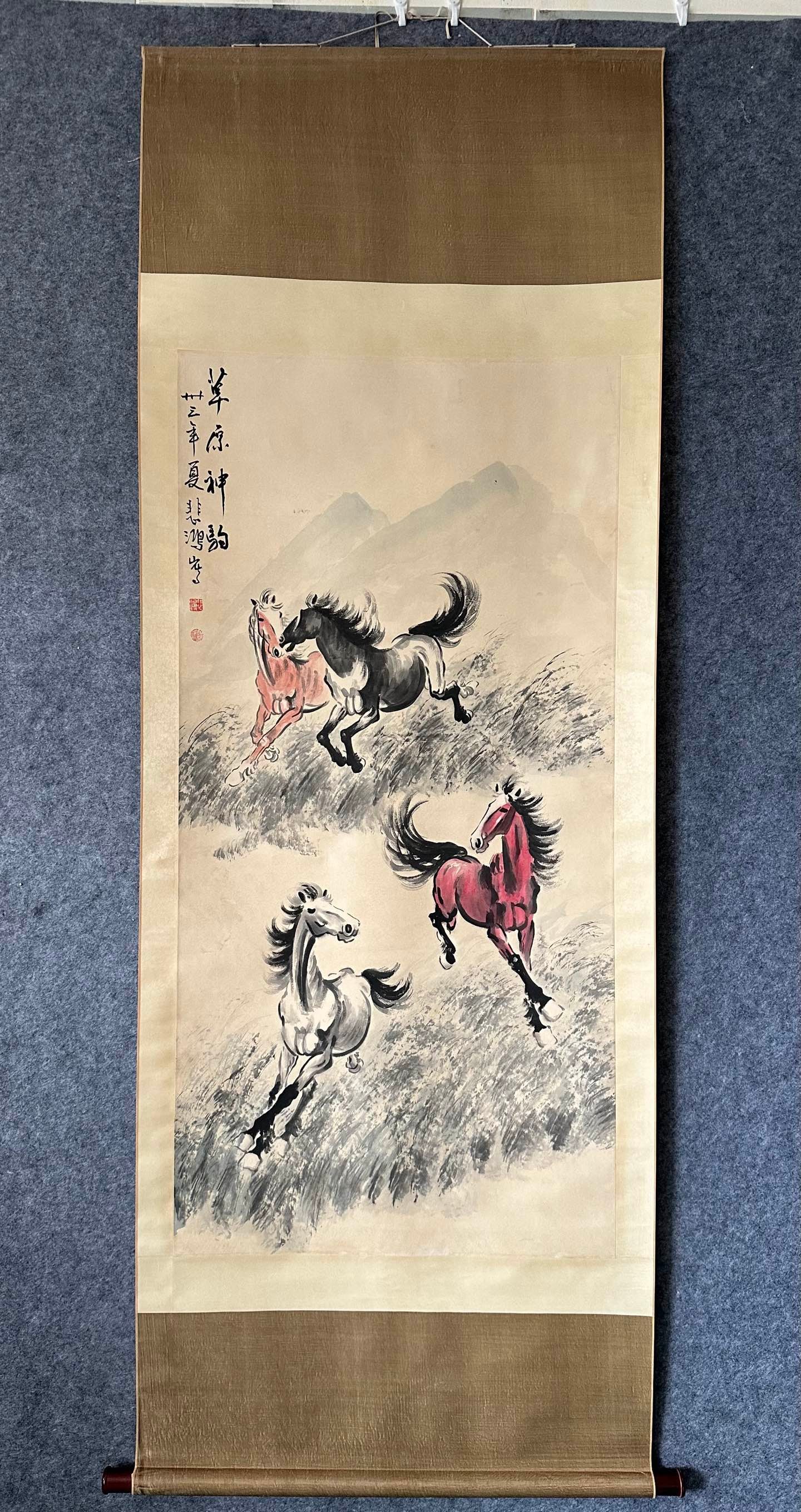 A Chinese Vertical Scroll Ink Painting of Horse on Paper: A Chinese Vertical Scroll Ink Painting of Horse on Paper,Xu Beihong,Size:53.9inx26.4in 一幅中国水墨马图立轴,徐悲鸿