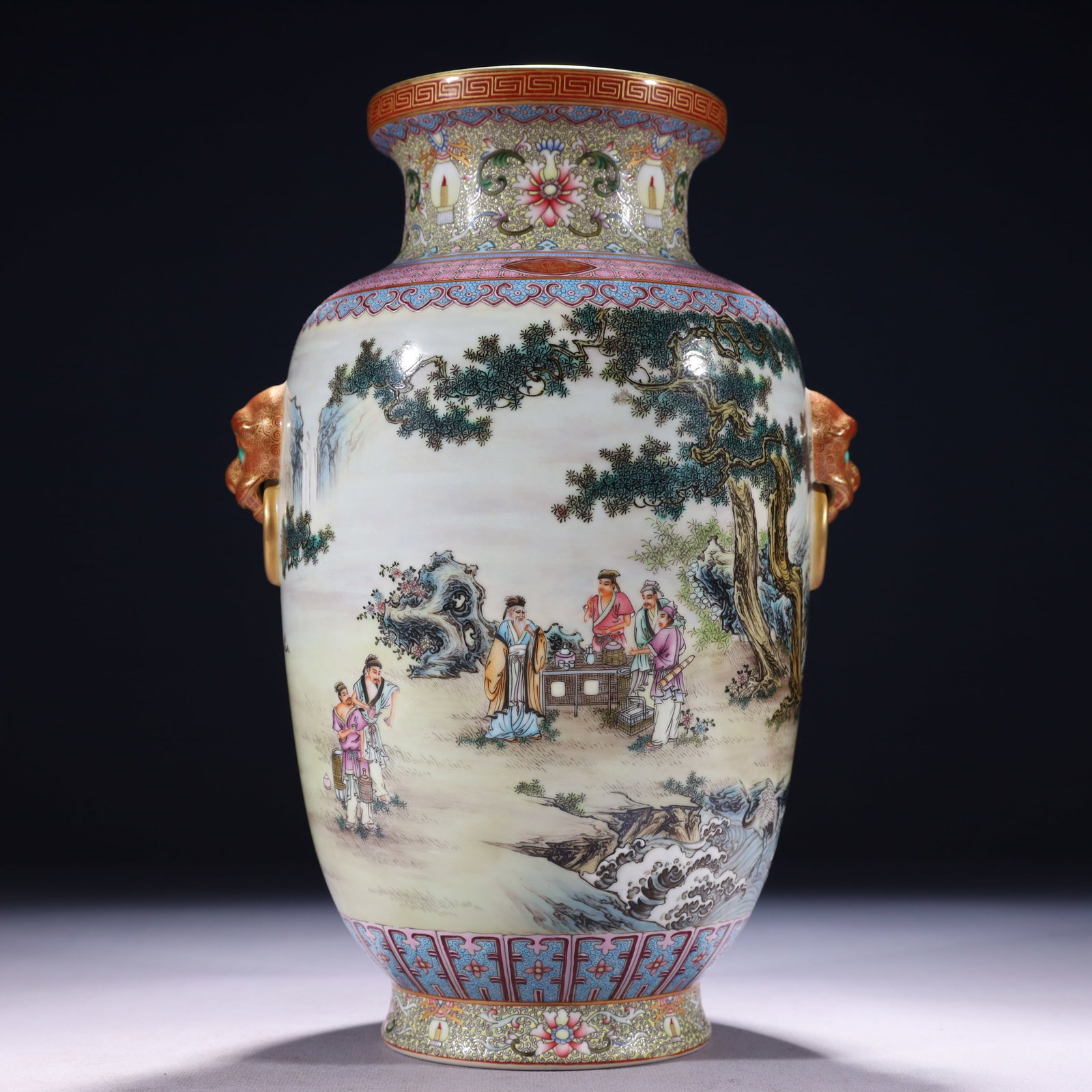 An Exquisite Enamel Painted Gold Character and Story Pattern Beast-Ears Vase: An Exquisite Enamel Painted Gold Character and Story Pattern Beast-Ears Vase,Qing Dynasty,China,Qianlong Six-character Mark,Size:7.1inx11.8in,Weight:1900g