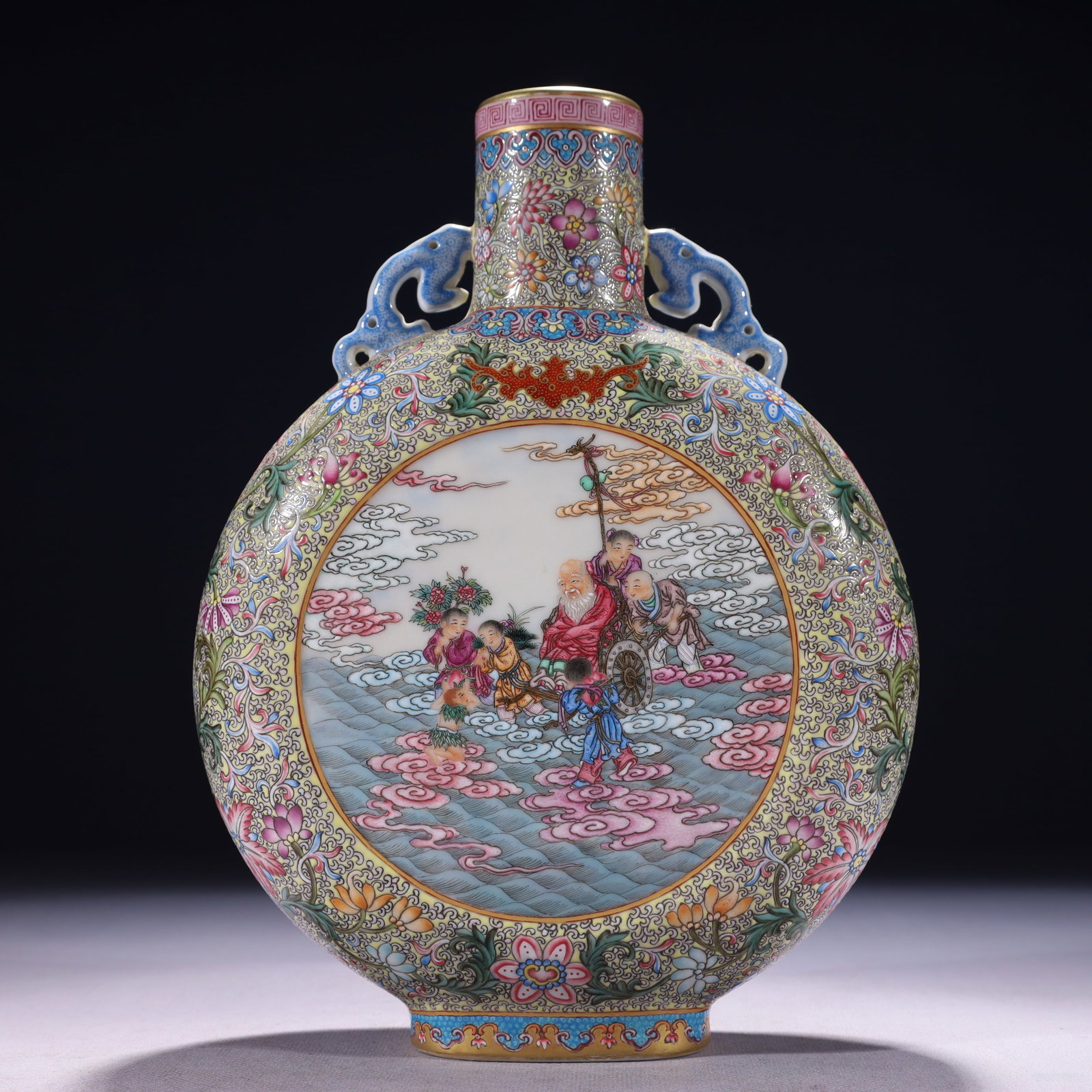 An Exquisite Famille-Rose Painted Gold Character and Story Pattern Double-Ears Vase: An Exquisite Famille-Rose Painted Gold Character and Story Pattern Double-Ears Vase,Qing Dynasty,China,Qianlong Four-character Mark,Size:7.1inx2.8inx10.2in,Weight:1650g 粉彩描金