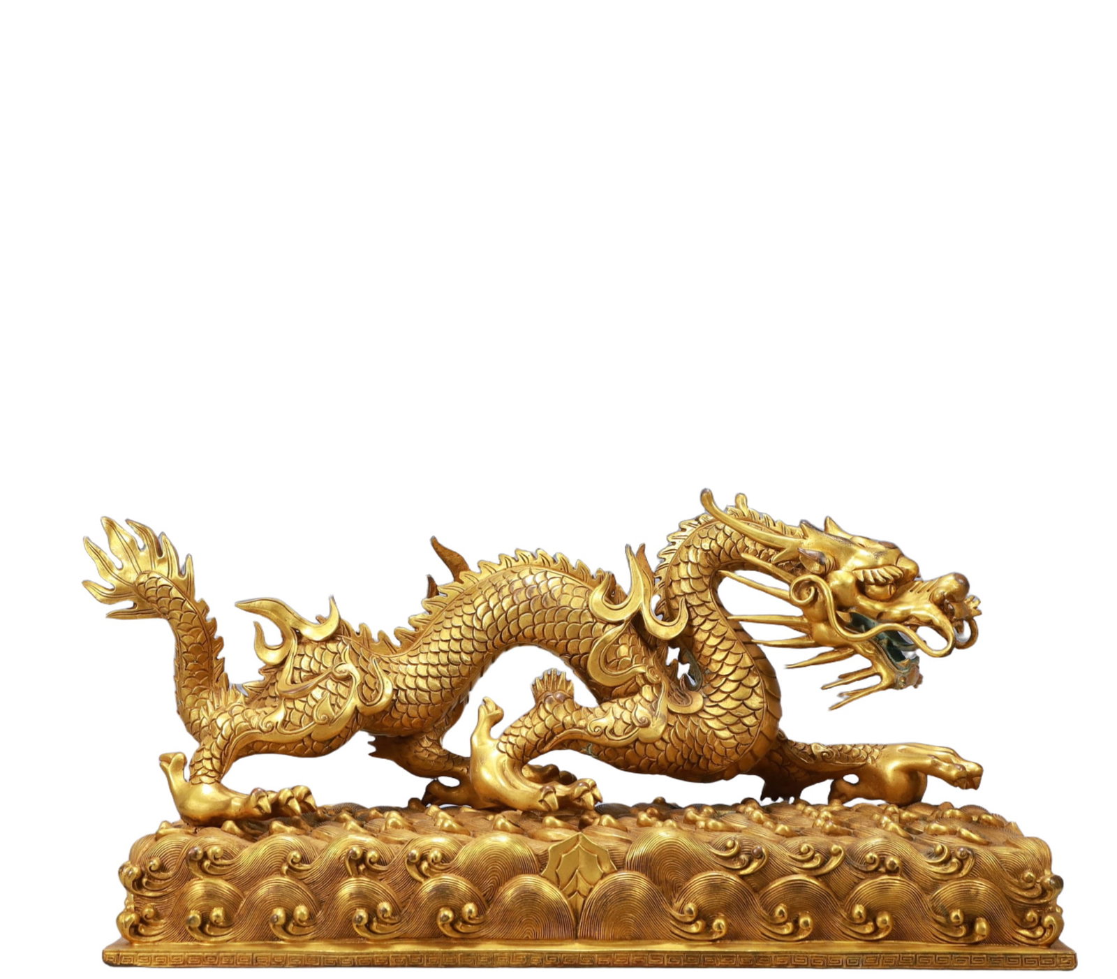 A Monumental Gilt Bronze Dragon Ornament: A Monumental Gilt Bronze Dragon Ornament,Ming Dynasty, China,Size:17.3inx6.3inx8.7in Weight:10300g 铜鎏金龙摆件,中国明代