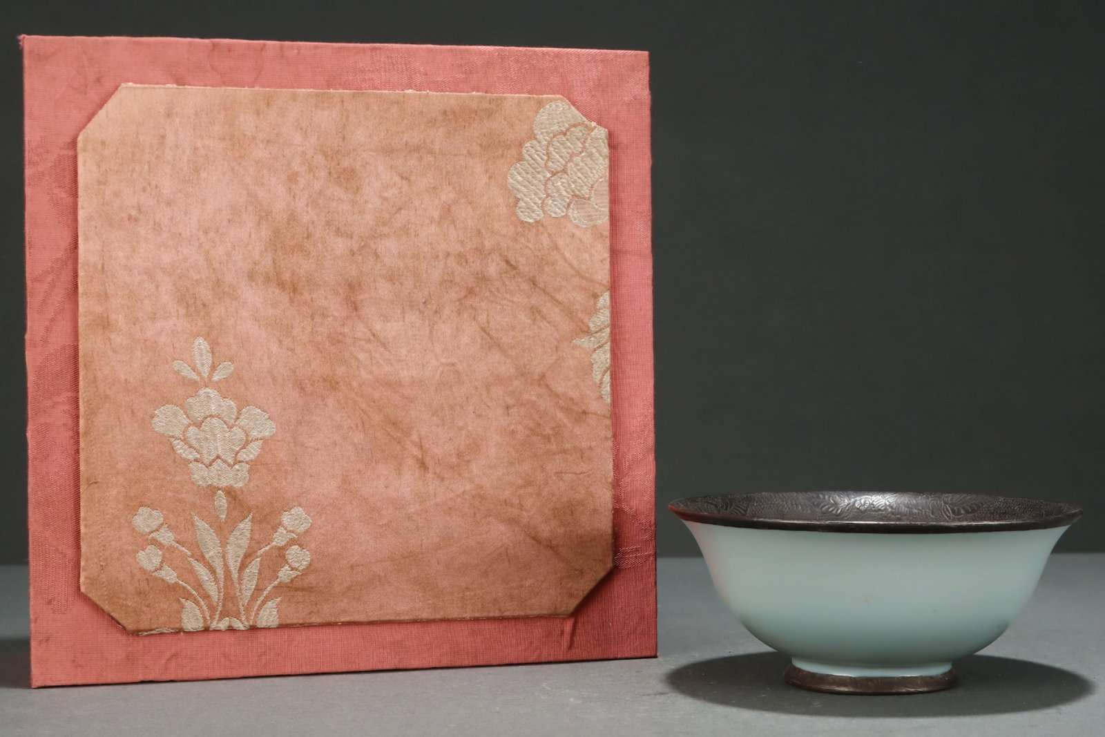 An Exquisite Ru yao Sky Blue Glazed Cover with Silver Flower Pattern Bowl: An Exquisite Ru yao Sky Blue Glazed Cover with Silver Flower Pattern Bowl,Song Dynasty,China,Size:2.4inx5.4in 汝窑天青釉包银花卉纹碗,&
