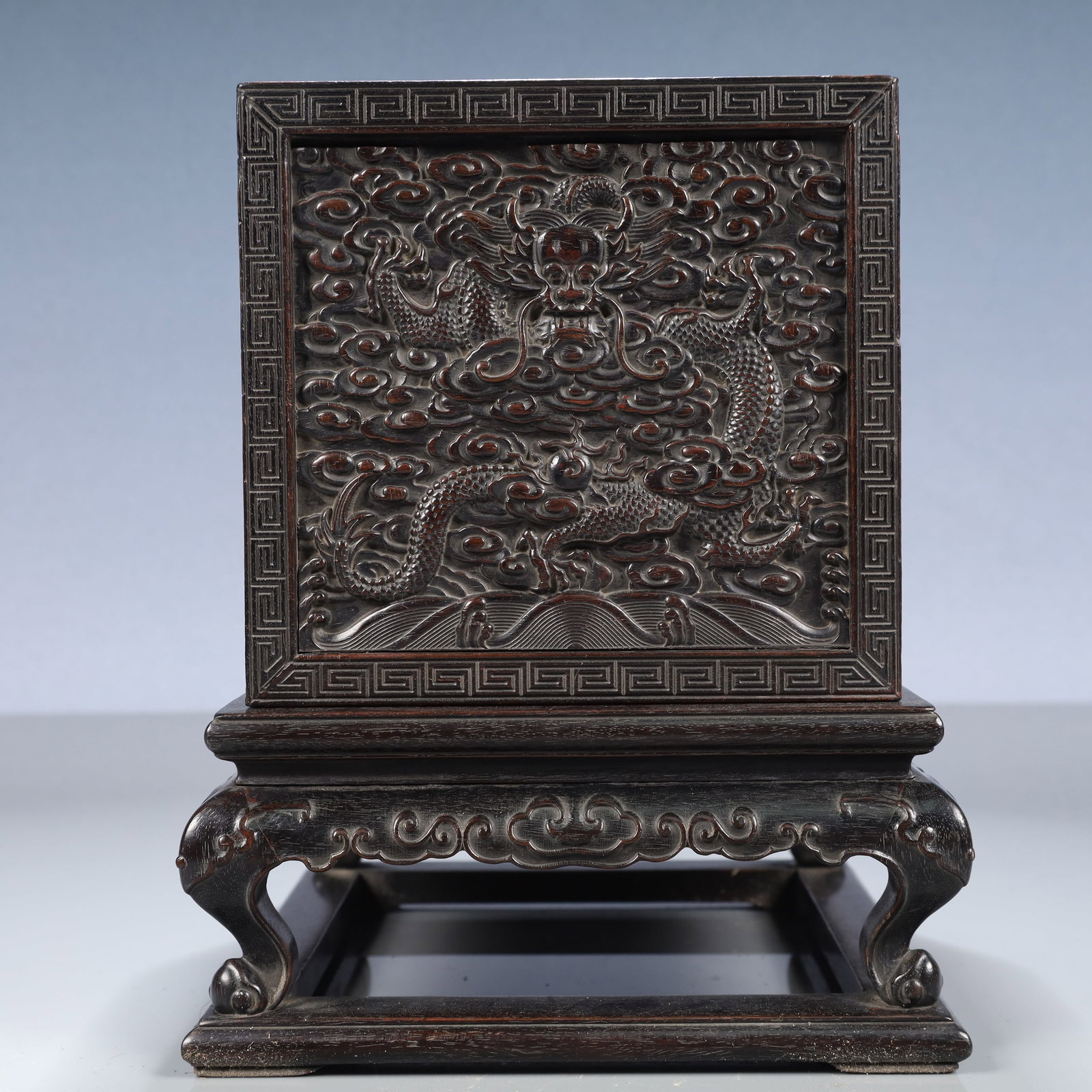 An Exquisite Zitanwood Auspicious Cloud and Dragon Pattern Cover Box: An Exquisite Zitanwood Auspicious Cloud and Dragon Pattern Cover Box,Qing Dynasty, China,Royal Court Mark,Size:6.7inx8.7in,Weight:1150g 紫檀木祥云龙纹盖