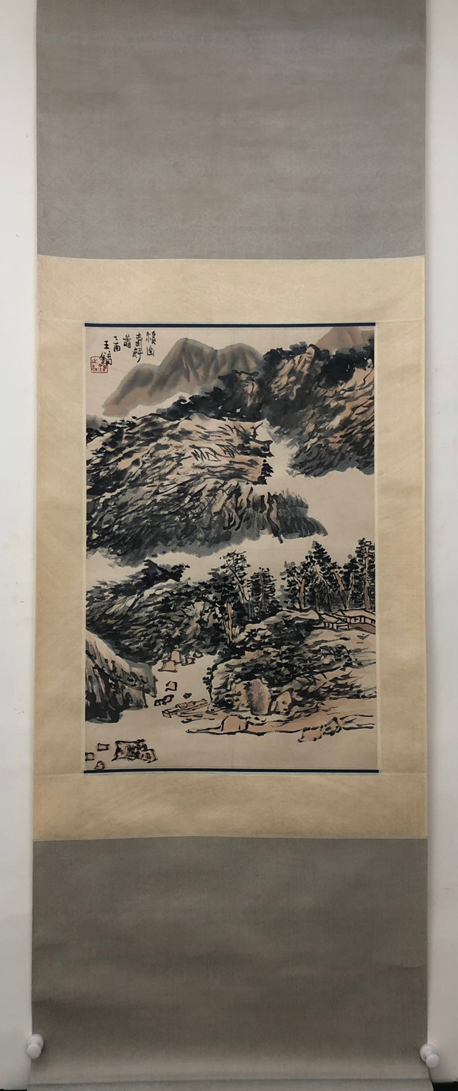 A Chinese Vertical Scroll Ink Painting of Landscape on Paper: A Chinese Vertical Scroll Ink Painting of Landscape on Paper,Wang Yong,Size:26.8inx17.3in 一幅中国水墨山水画立轴,王镛