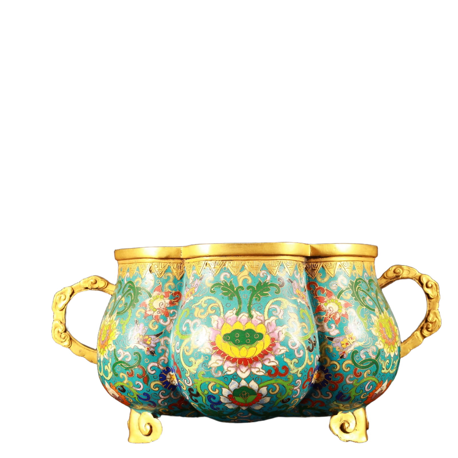 An Exquisite Cloisonne Lotus Pattern Double-Ears and Tripod Pumpkin-Shaped Censer: An Exquisite Cloisonne Lotus Pattern Double-Ears and Tripod Pumpkin-Shaped Censer,(A type of enamelware with metal wires separating colored glaze, originating in China),Qing Dynasty,China,Qianlong Fou