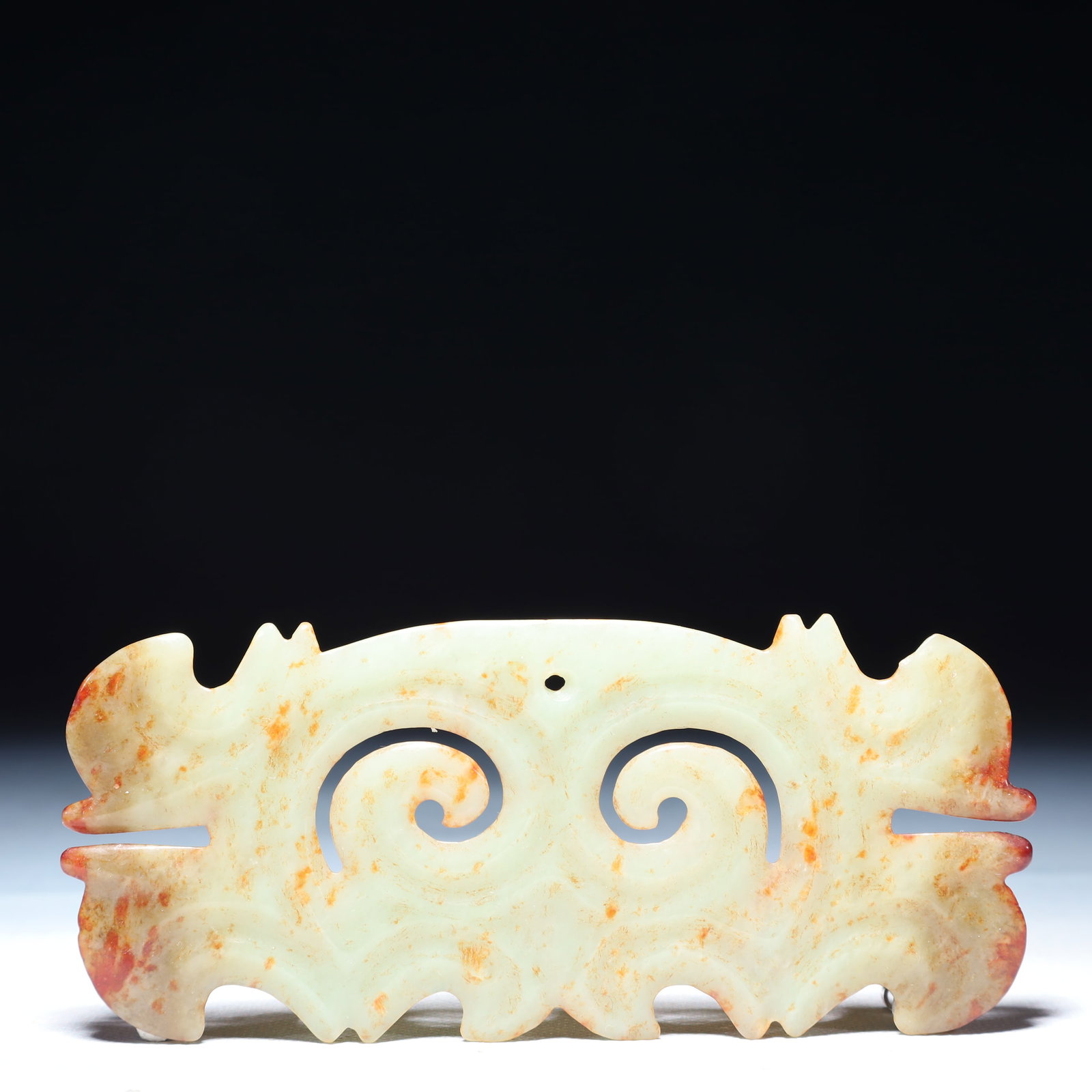 An Archaic Hongshan Culture White Jade Auspicious Cloud Pattern Pendant: An Archaic Hongshan Culture White Jade Auspicious Cloud Pattern Pendant,Ancient Time,China,Size:5.9inx2in,Weight:2.02g 红山文化白玉祥云纹挂&