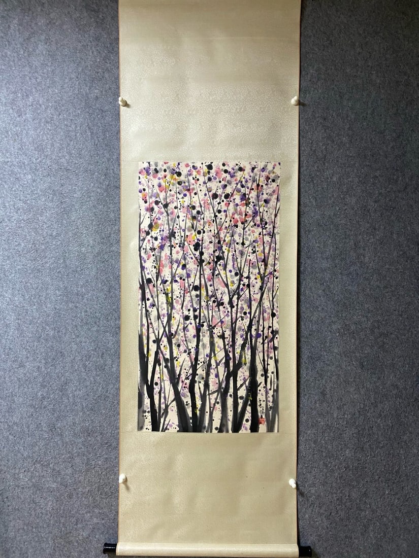 An Exquisite Chinese Vertical Scroll Ink Painting of Landscape on Paper: An Exquisite Chinese Vertical Scroll Ink Painting of Landscape on Paper,Wu Guanzhong,Size:38.6inx20.1in 一幅中国水墨山水画立轴,吴