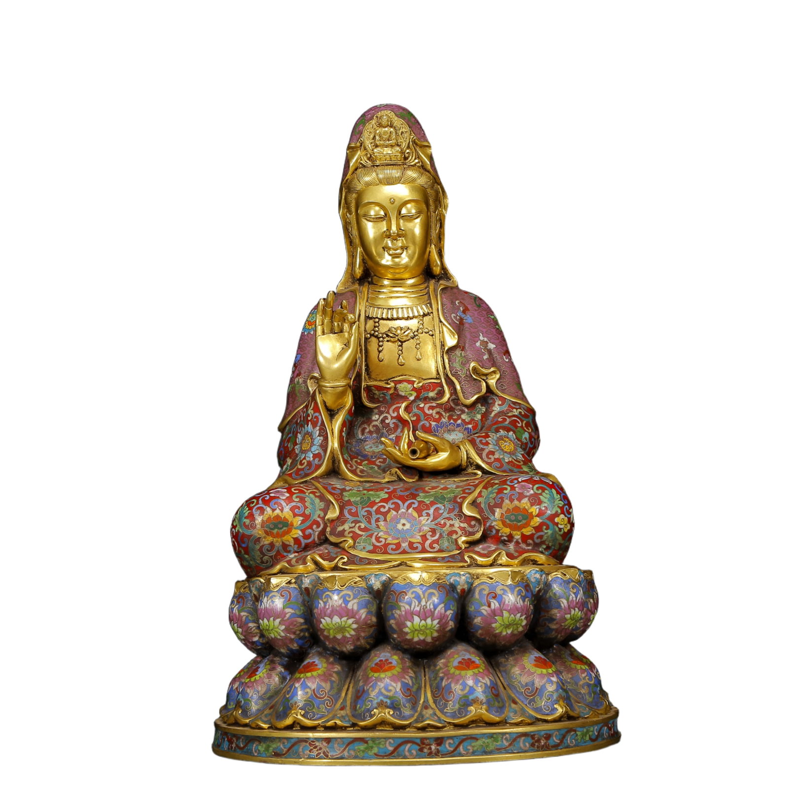 A Huge Cloisonne Avalokitesvara Statue: A Huge Cloisonne Avalokitesvara Statue,Qing Dynasty, China,Qianlong Six-character Mark,Size:11.4inx10.6inx18.9in,Weight:11000g 景泰蓝观音像，清代&
