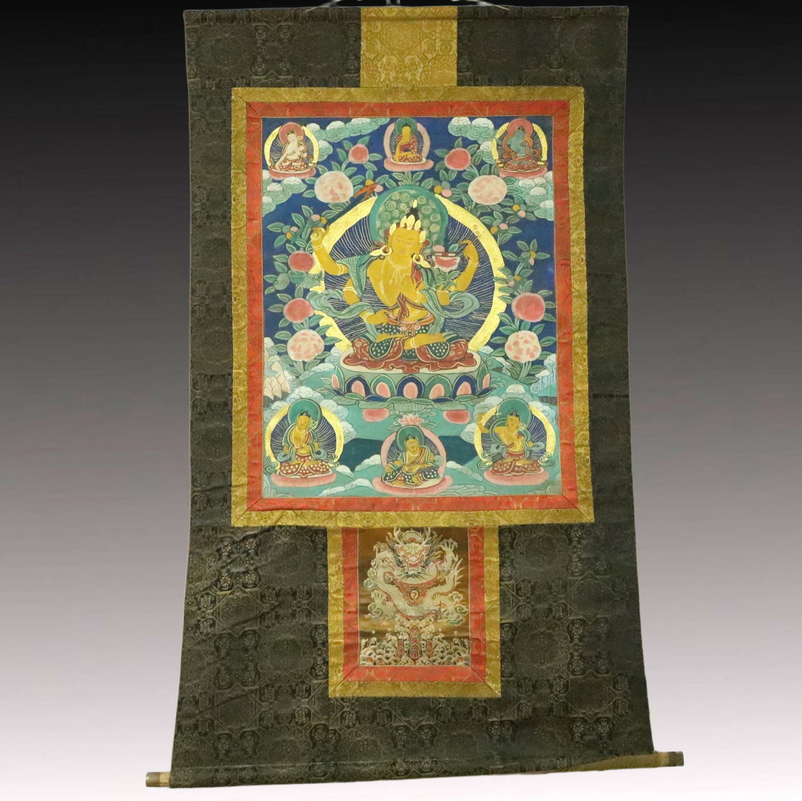 A Rare Brocade Painted Color Statue of Four-Armed Guanyin Tangka: A Rare Brocade Painted Color Statue of Four-Armed Guanyin Tangka,Qing Dynasty, China,Size:37inx61in 织锦彩绘四臂观音像唐卡,中