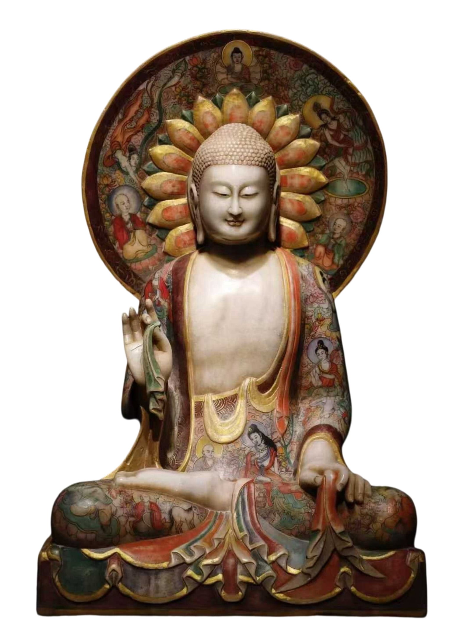 A Solemn Marble Painted Color Statue of Sakyamuni: A Solemn Marble Painted Color Statue of Sakyamuni,N.Qi,China,Size:31.5inx18.9inx13.8in 汉白玉彩绘释迦摩尼像,中国北齐