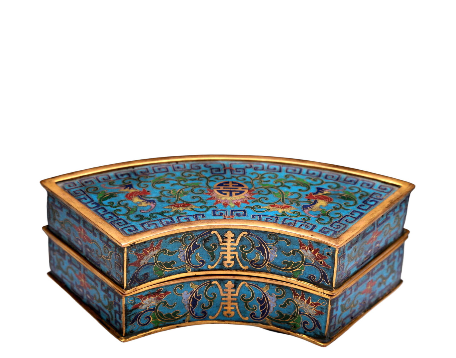 An Exquisite Cloisonne 'Scrolling Lotus& Bat' Box: An Exquisite Cloisonne 'Scrolling Lotus& Bat' Box. Enamaled with polychrome patterns and angular scrolls, all reserved on a bright turquoise ground. Chinese Qing Dynasty. Qianlong Four-Character Mark.