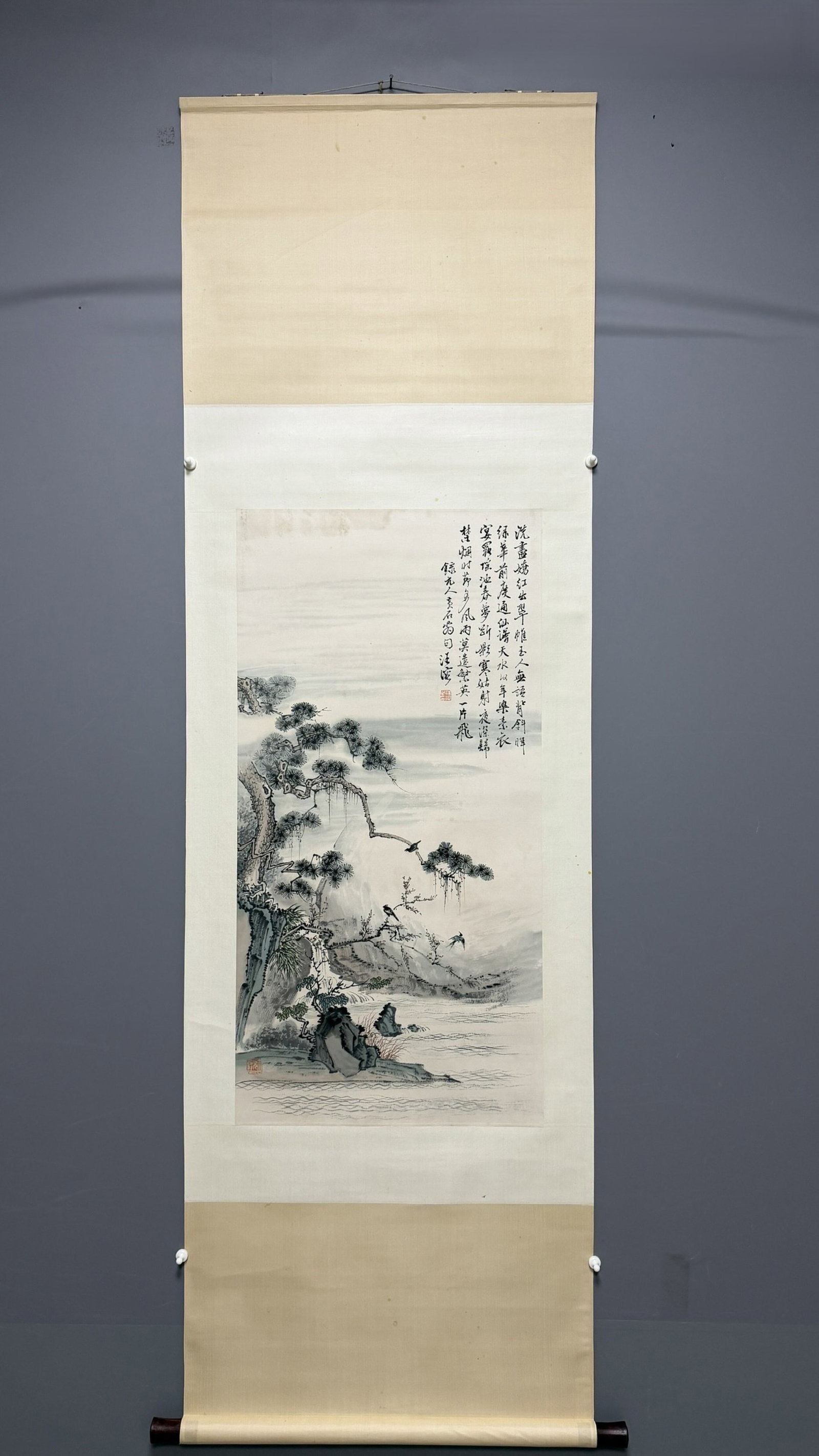 A Chinese Vertical Scroll Ink Painting of Landscape on Paper: A Chinese Vertical Scroll Ink Painting of Landscape on Paper,Wang Shensheng,Size:39.4inx19.7in 一幅中国水墨山水画立轴,汪慎