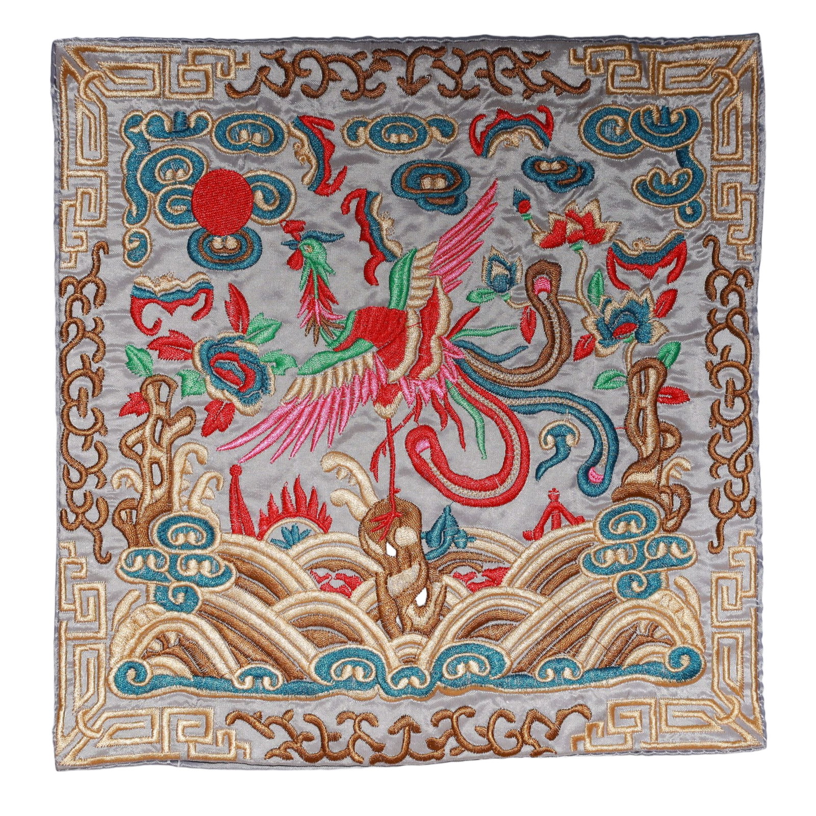 An Exquisite Embroidery Phoenix Pattern Civil Official Rank Badges: An Exquisite Embroidery Phoenix Pattern Civil Official Rank Badges,Qing Dynasty,China,Size:10.2inx10.2in 刺绣凤官补,中国清代