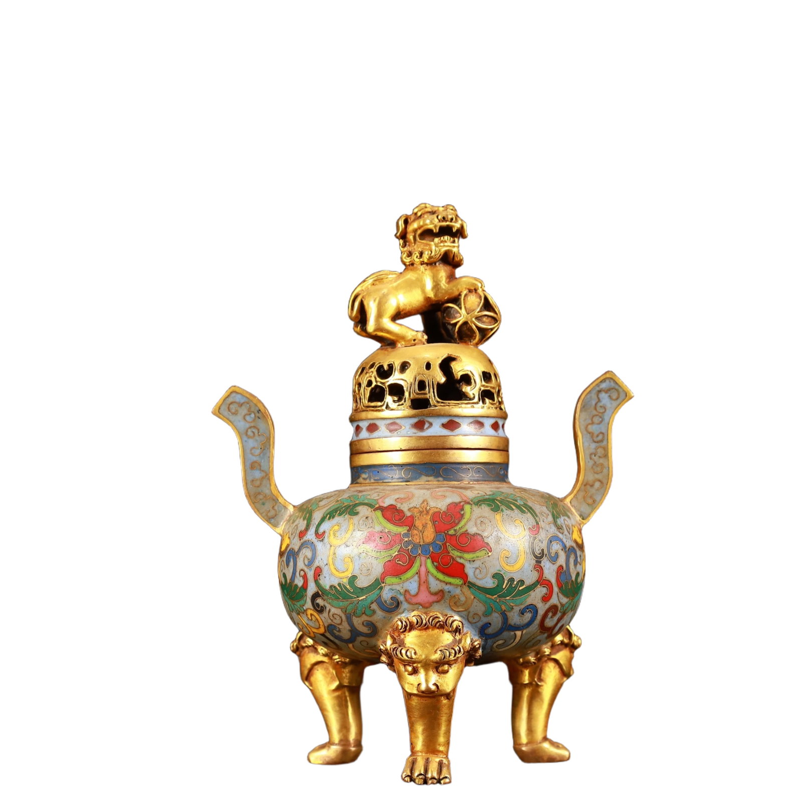 An Exquisite Cloisonne Lotus Pattern Double-Ears and Beast-Legs Censer: An Exquisite Cloisonne Lotus Pattern Double-Ears and Beast-Legs Censer,(A type of enamelware with metal wires separating colored glaze, originating in China),Qing Dynasty,China,Kangxi Six-character Ma