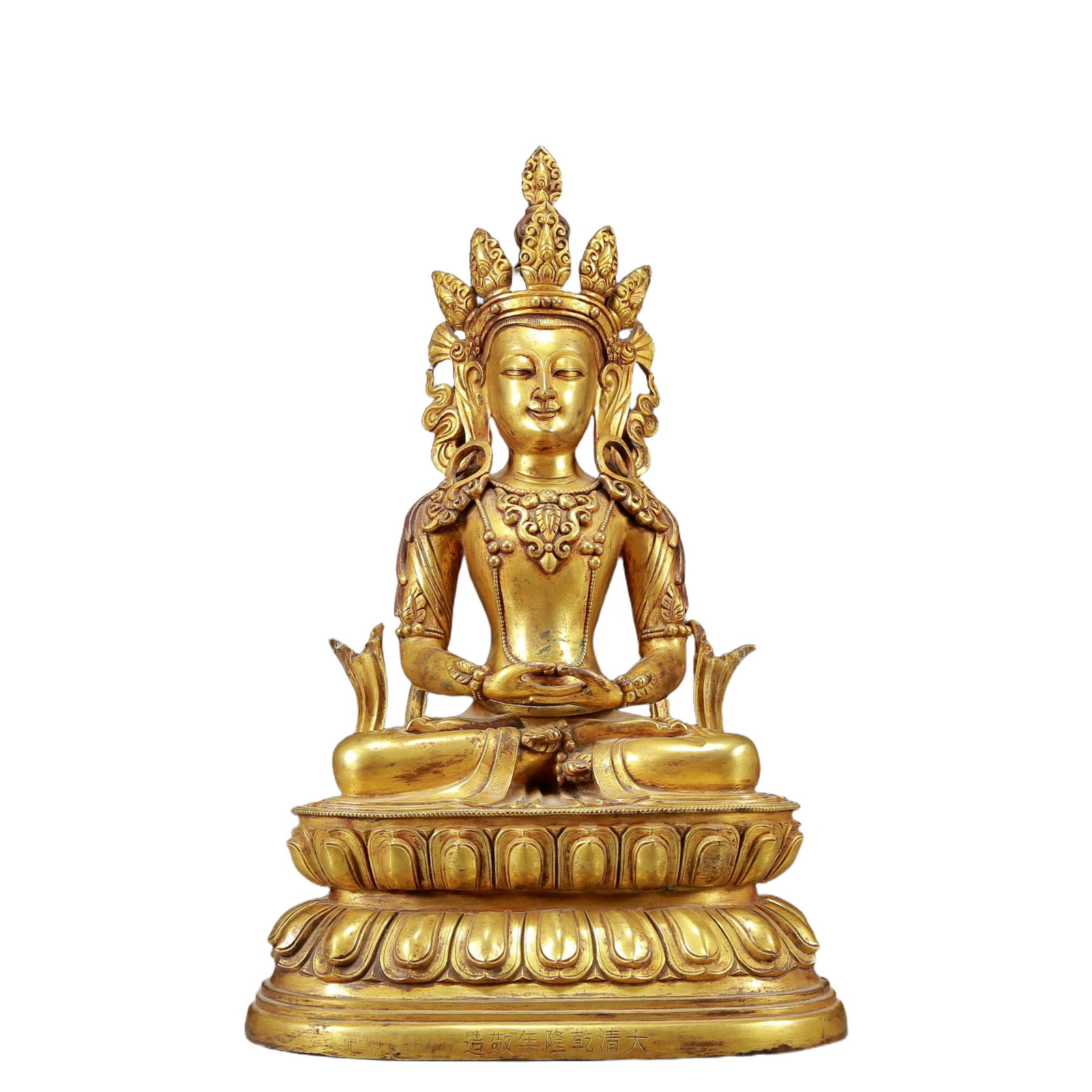 A Solemn Gilt Bronze Statue of Amitayus: A Solemn Gilt Bronze Statue of Amitayus,Qing Dynasty, China,Qianlong Seven-character Mark,Size:12inx9.1inx19.7in,Weight:13450g
