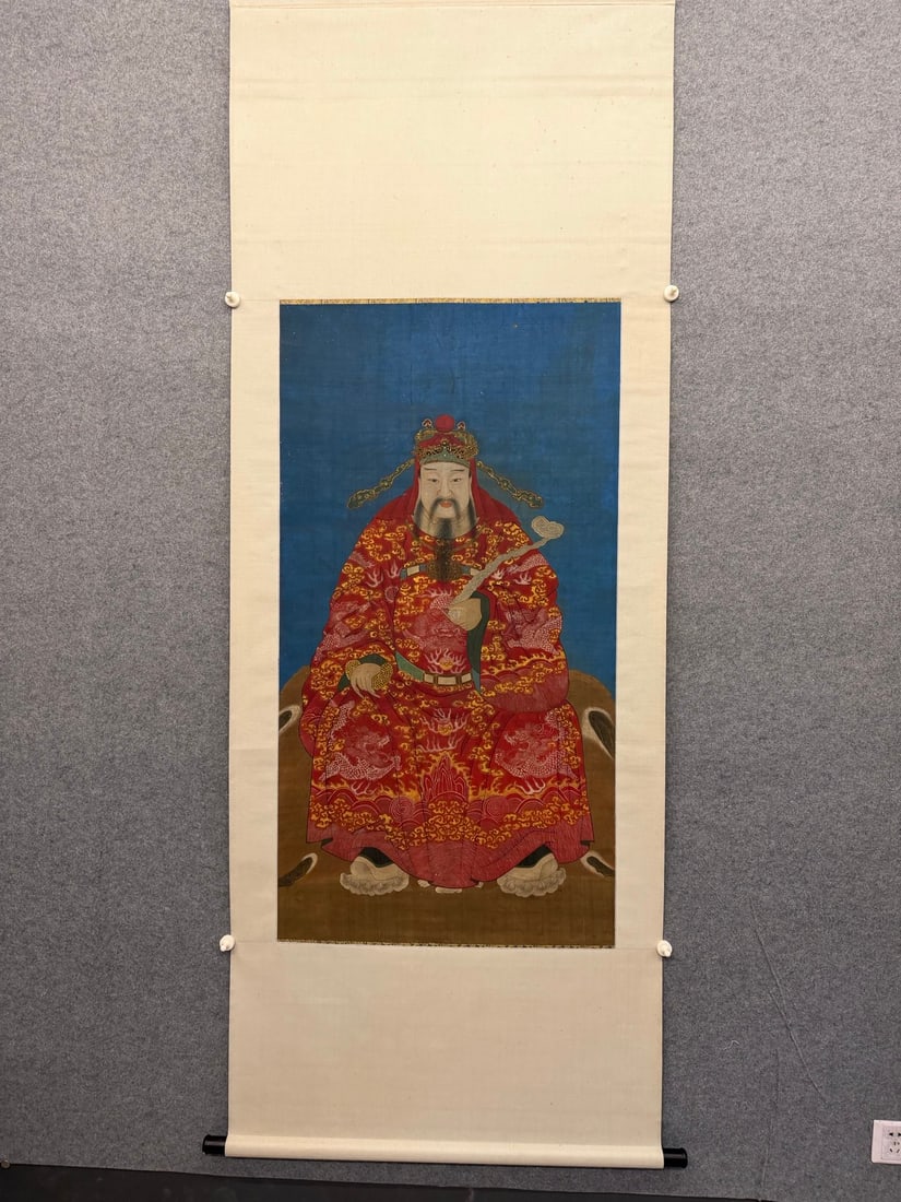 A Chinese Vertical Scroll Ink Statue of Mammon on Silk: A Chinese Vertical Scroll Ink Statue of Mammon on Silk,Yi Ming,Size:51.2inx27.2in