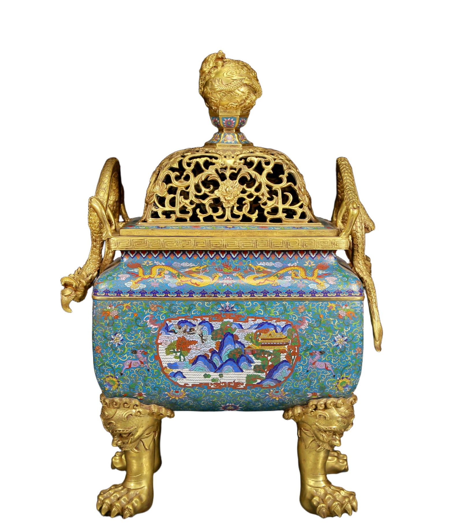 A Huge Cloisonne Bats and Peach Pattern Dragon-Ears Censer: A Huge Cloisonne Bats and Peach Pattern Dragon-Ears Censer,Qing Dynasty, China,Qianlong Four-character Mark,Size:19.3inx13inx28.7in,Weight:44.40kg