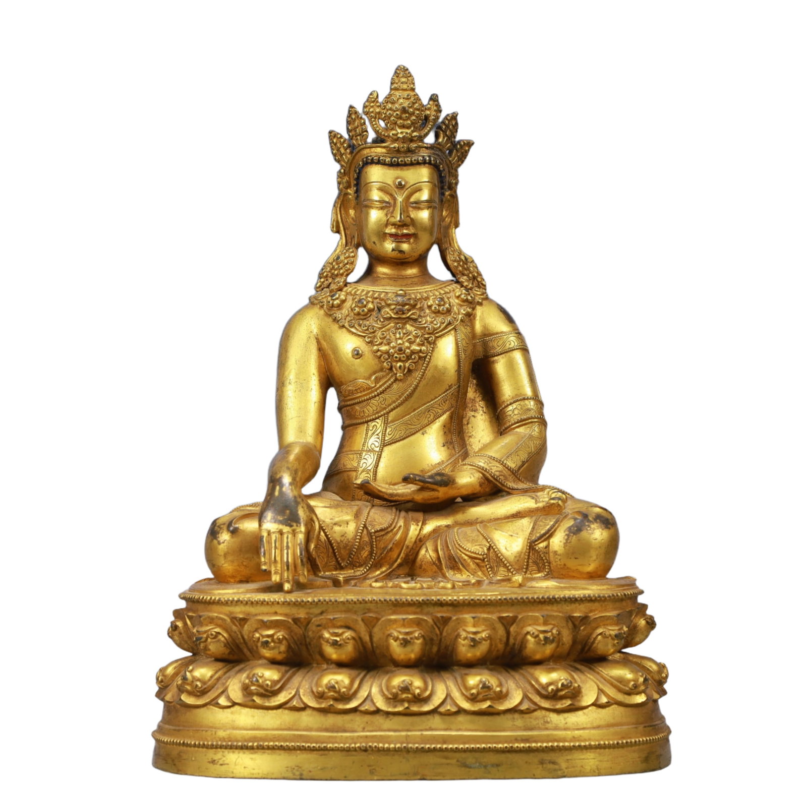 A Solemn Gilt Bronze Statue of Amitayus: A Solemn Gilt Bronze Statue of Amitayus,Ming Dynasty, China,Size:8.7inx6.3inx11.8in Weight:5000g 铜鎏金无量寿佛像,中国明代
