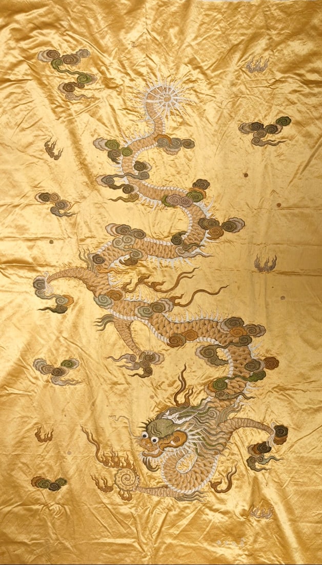 dragon embroidery: Size of dragon pattern embroidery in Qing Dynasty: 76.8in×45.3in. Dragon pattern embroidery is a fabric with strong Chinese culture and historical tradition. On this embroidery, an impressive dra