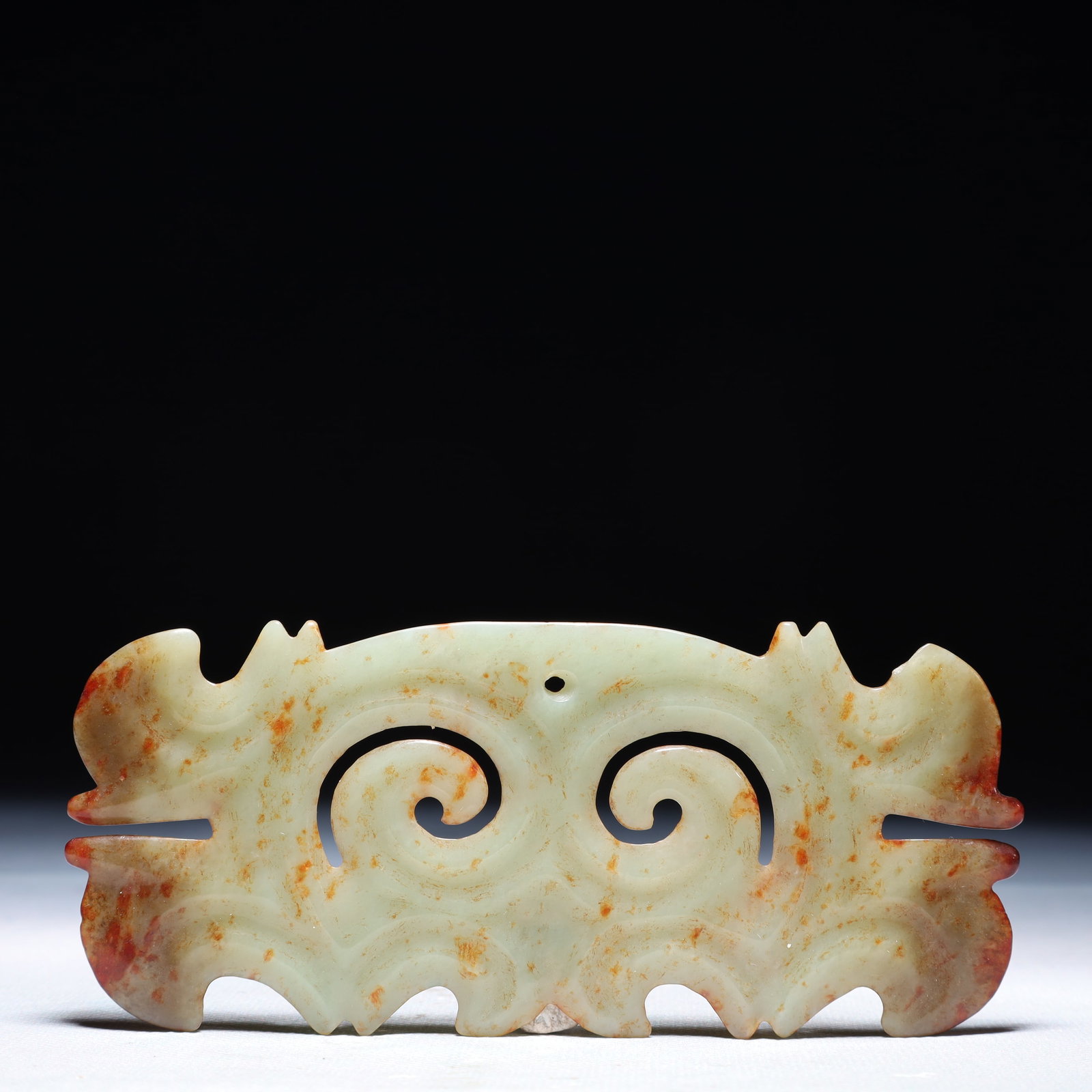 An Archaic Hongshan Culture White Jade Beast-Face Pattern Pendant: An Archaic Hongshan Culture White Jade Beast-Face Pattern Pendant,Ancient Time,China,Size:5.5inx2.4in,Weight:65g 红山文化白玉兽面纹挂件