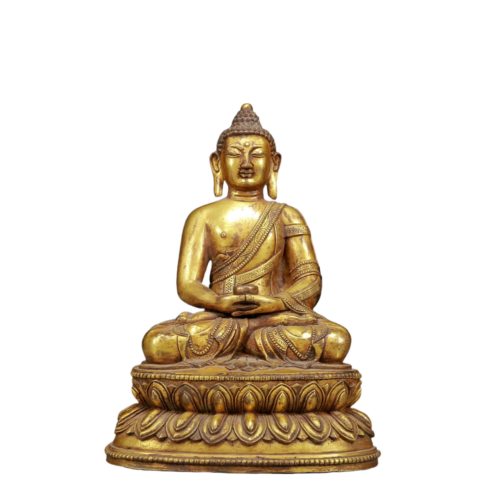 A Solemn Gilt Bronze Statue of Sakyamuni: A Solemn Gilt Bronze Statue of Sakyamuni,Ming Dynasty, China,Size:6.3inx4.5inx9.1in,Weight:2585g 铜鎏金释迦摩尼像，明代