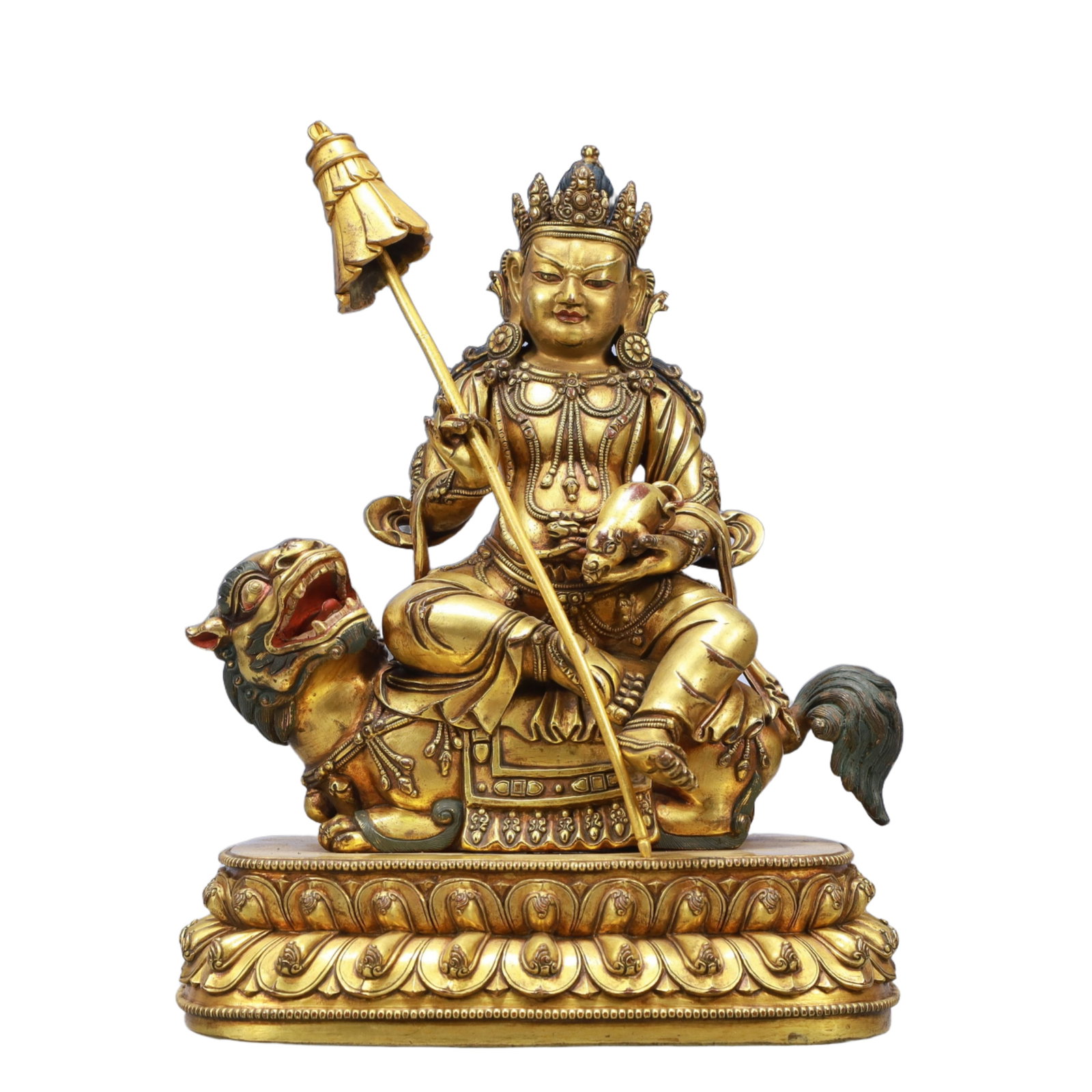A Solemn Gilt Bronze Statue of Mammon Rides the Lion: A Solemn Gilt Bronze Statue of Mammon Rides the Lion,Ming Dynasty, China,Size:8.7inx5.5inx11.4in Weight:6550g 铜鎏金骑狮财神像,中国明&