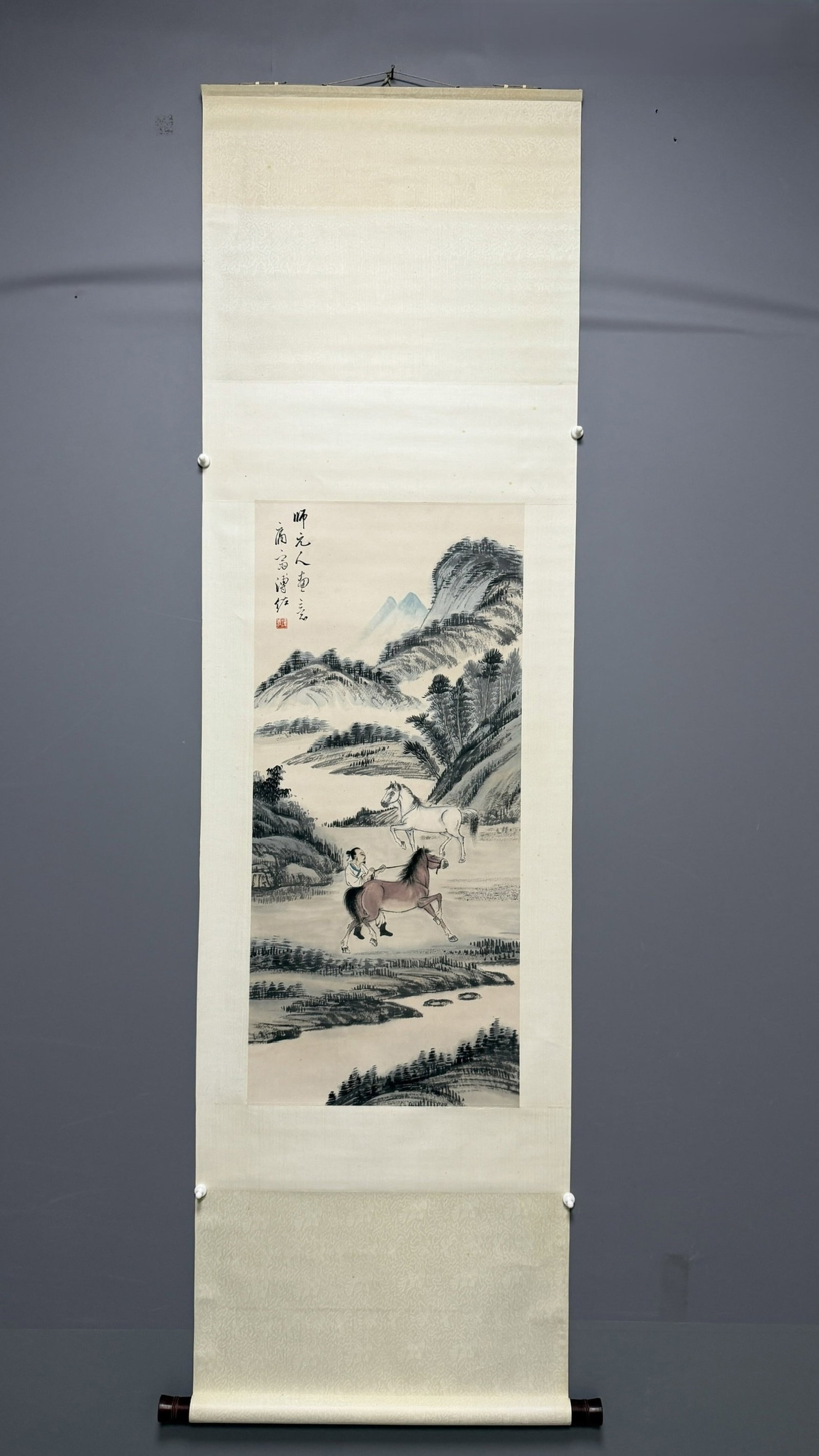 A Chinese Vertical Scroll Ink Painting of Figure Riding Horse on Paper (1 of 9)