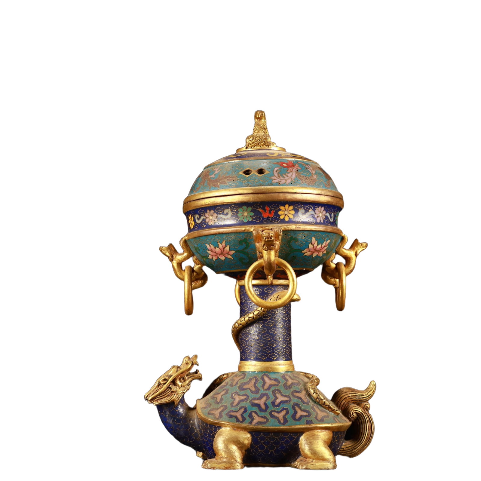 An Exquisite Cloisonne Flower Pattern Turtle-Shaped Censer: An Exquisite Cloisonne Flower Pattern Turtle-Shaped Censer,(A type of enamelware with metal wires separating colored glaze, originating in China),Qing Dynasty,China,Qianlong Six-character Mark,Size:7.