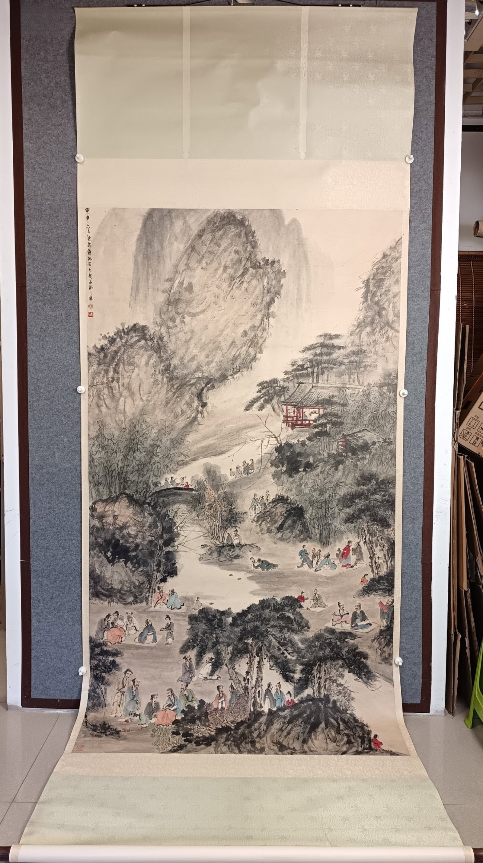 A Chinese Vertical Scroll Ink Painting of Landscape and Figure on Paper: A Chinese Vertical Scroll Ink Painting of Landscape and Figure on Paper,Fu Baoshi,Size:45.7inx81.1in