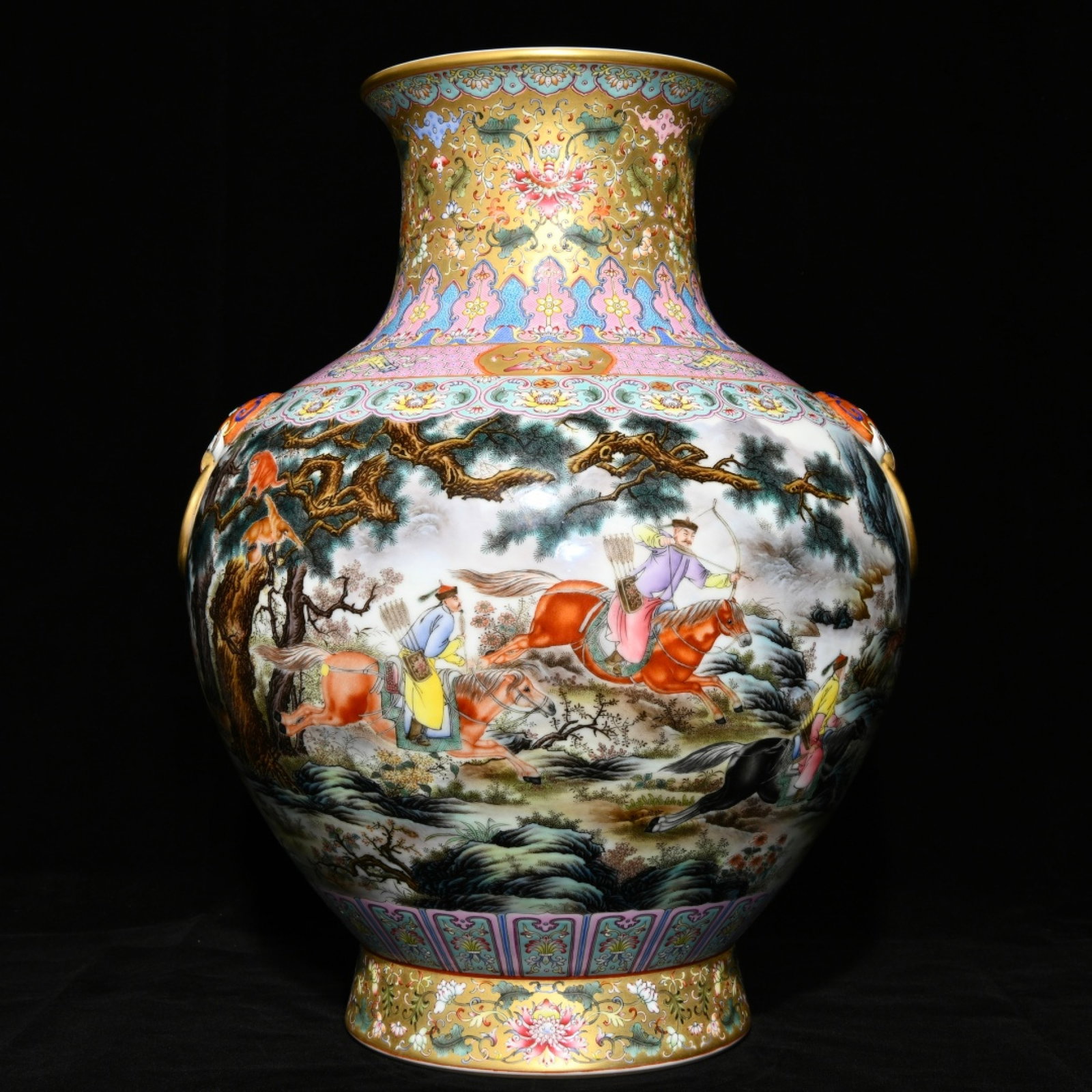 A Huge Gold Ground Famille-Rose Character and Story Pattern Beast-Ears Vase: A Huge Gold Ground Famille-Rose Character and Story Pattern Beast-Ears Vase,Qing Dynasty,China,Qianlong Four-character Mark,Size:18.5inx13.6in