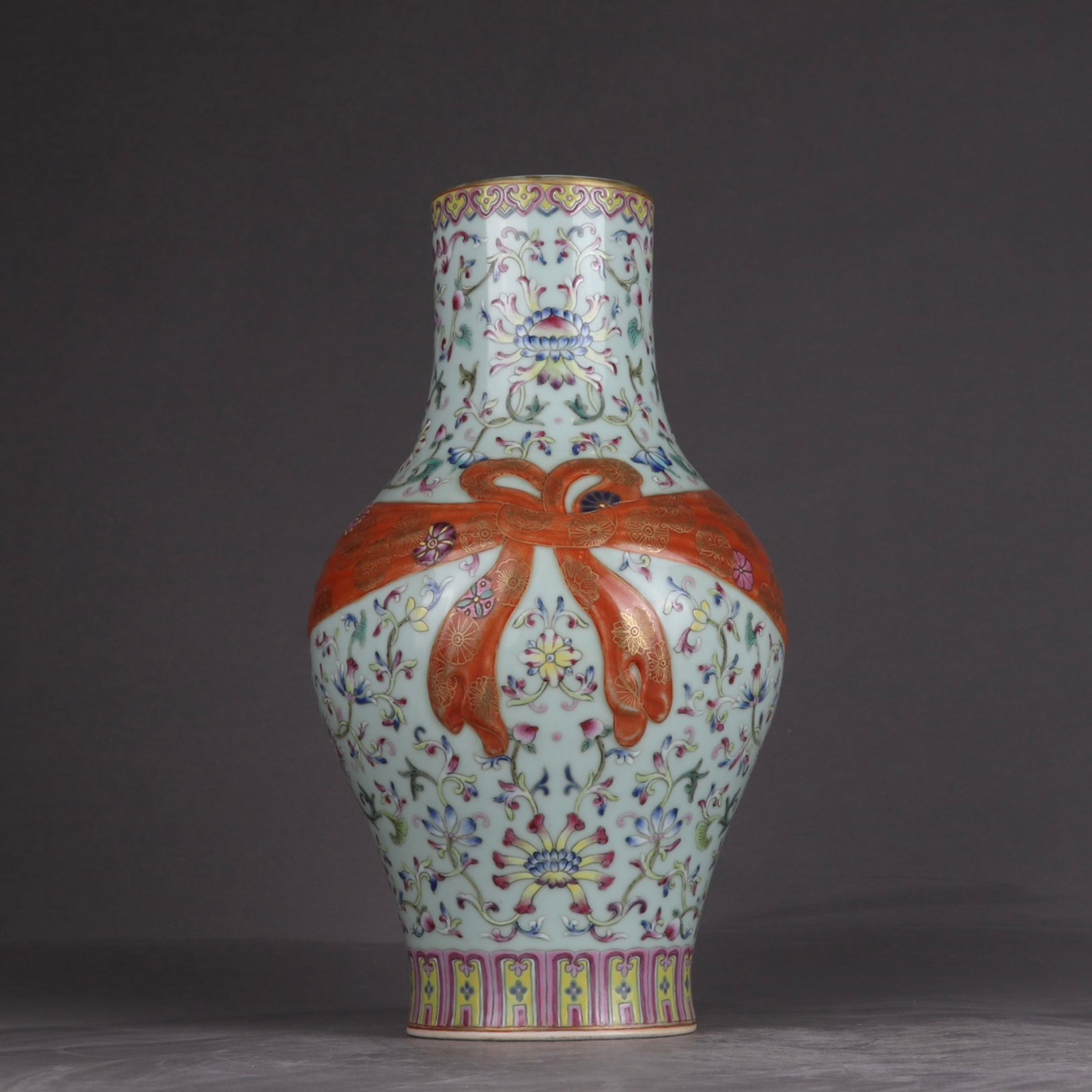 A Rare Green Ground Famille-Rose Painted Gold Lotus Pattern Vase: A Rare Green Ground Famille-Rose Painted Gold Lotus Pattern Vase,Qing Dynasty,China,Qianlong Six-character Mark,Size:11.9inx6.7in